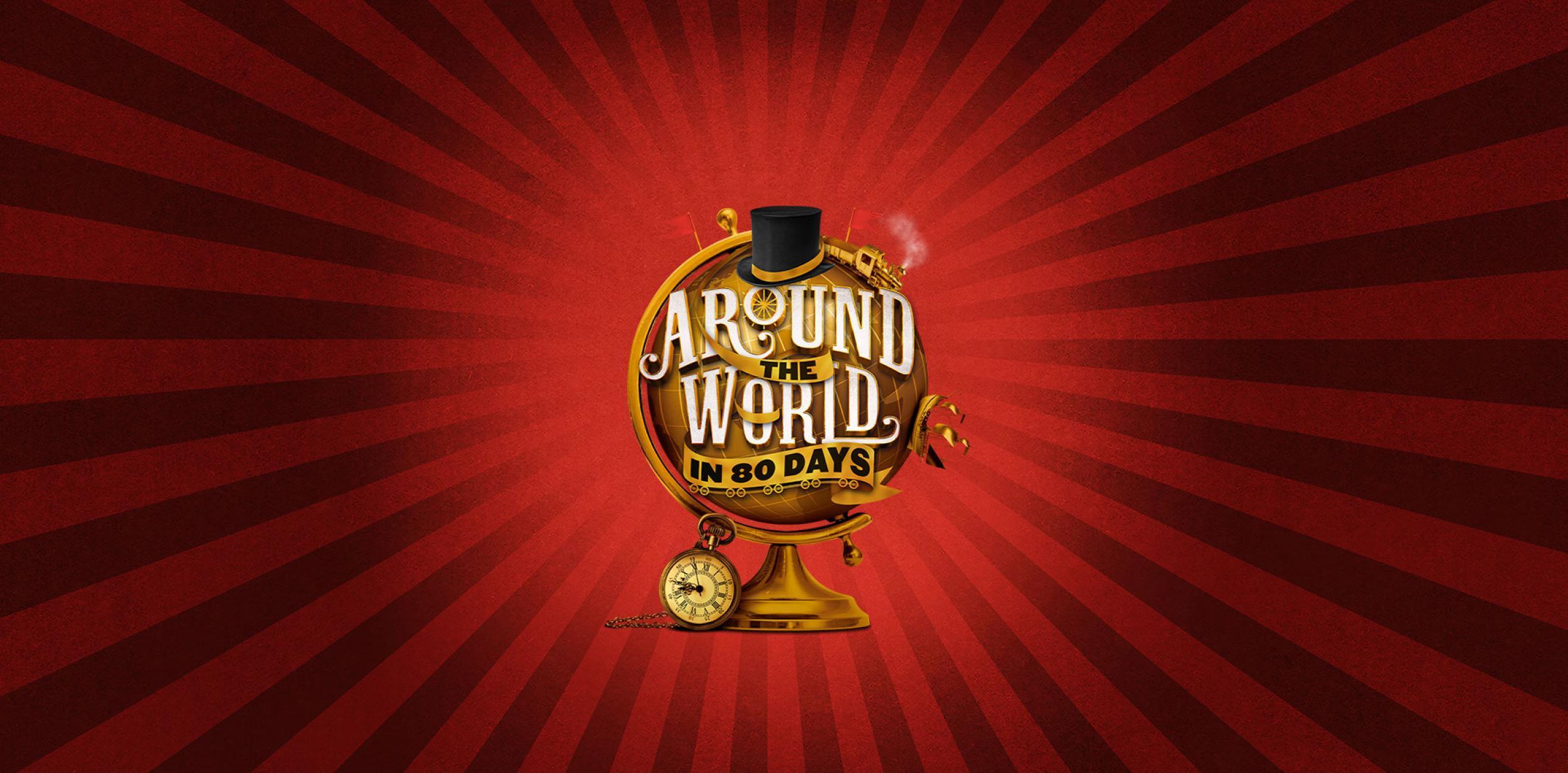 Around the World in 80 days logo on a golden globe graphic