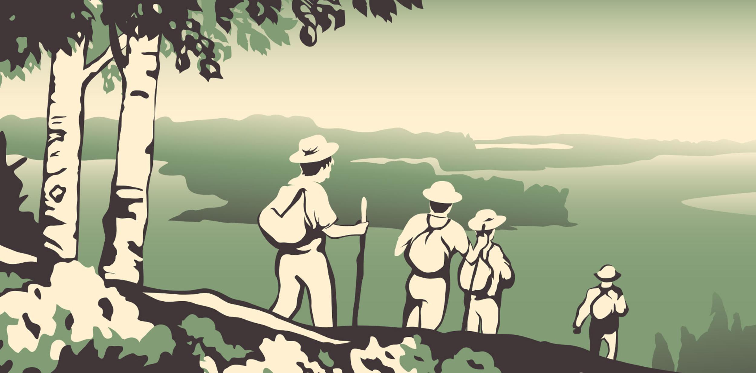 Illustration of people on a rural hike