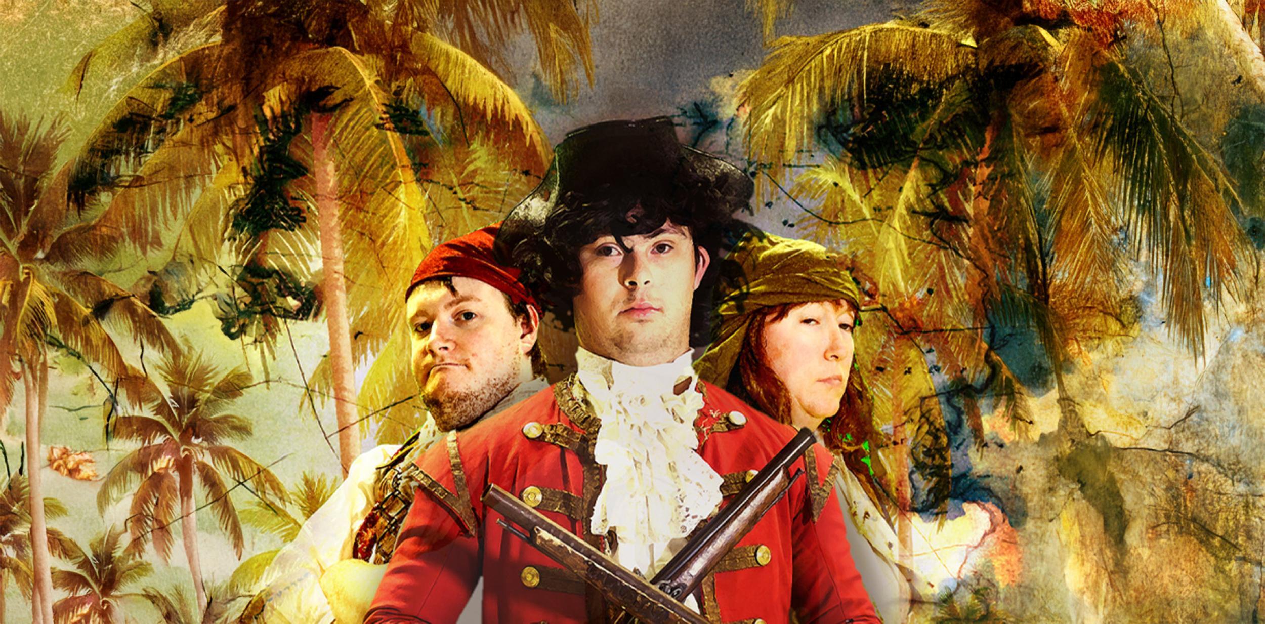 Three people dressed as Treasure Island characters with an island-themed background