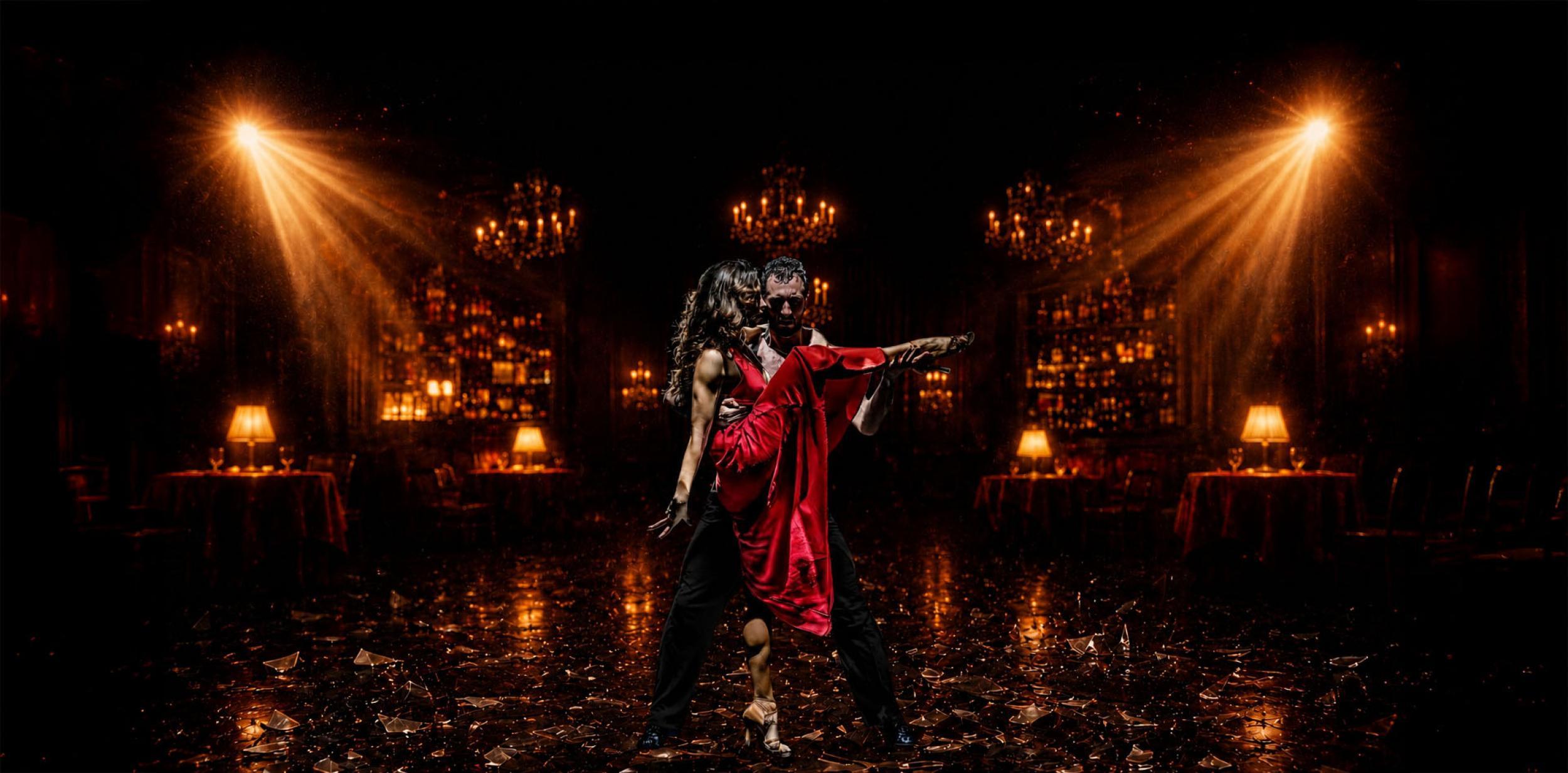 Two dancers under spotlights.