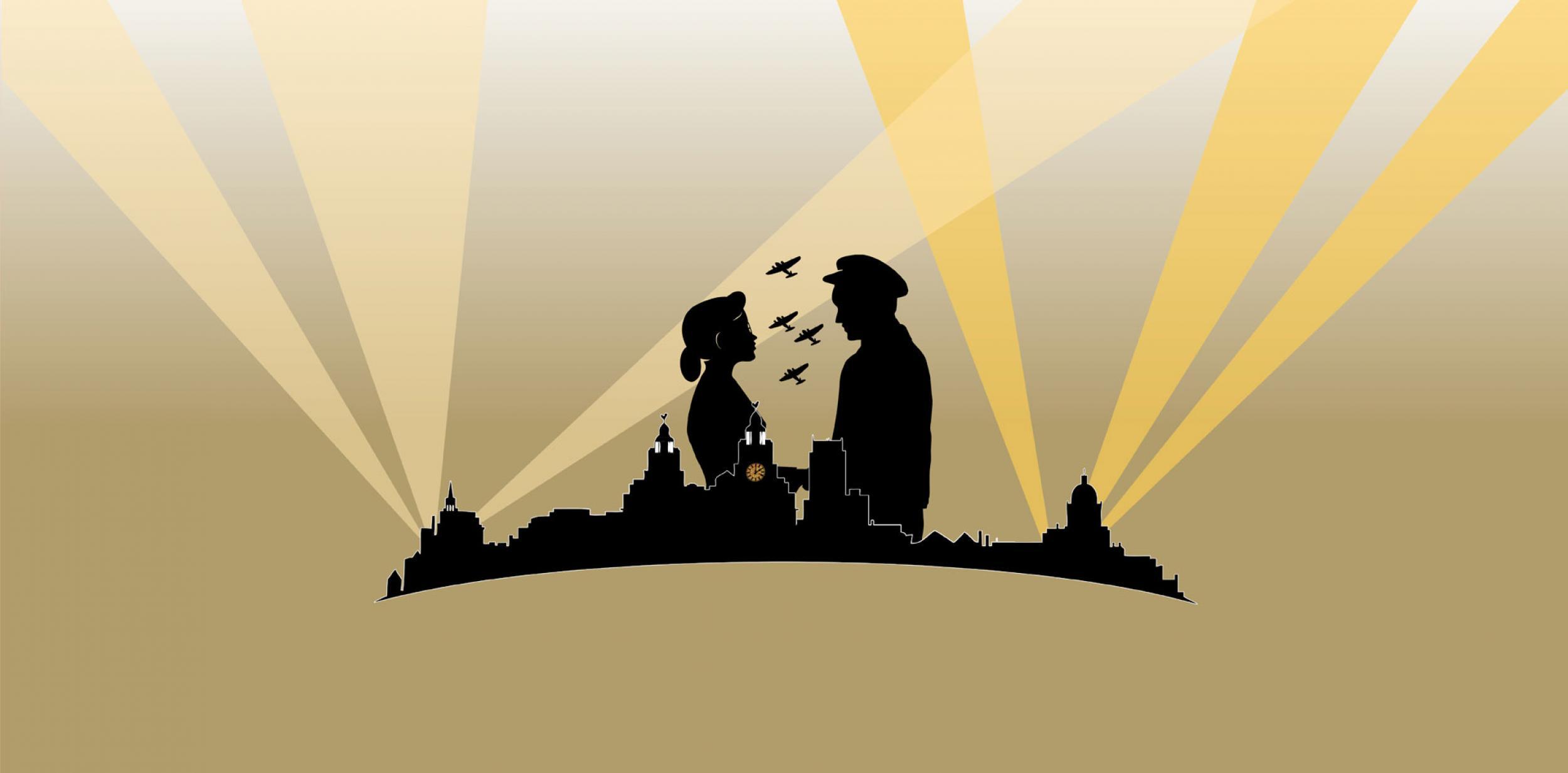 Illustration showing a silhouette of a man and woman facing each other, above a city skyline surrounded by searchlights.