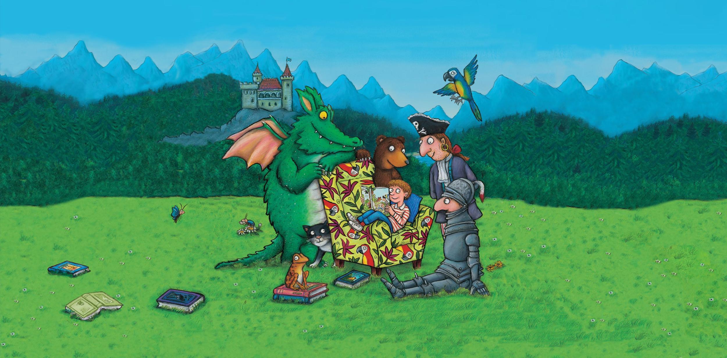 A boy reading a book to a dragon, a bear, a knight and a pirate