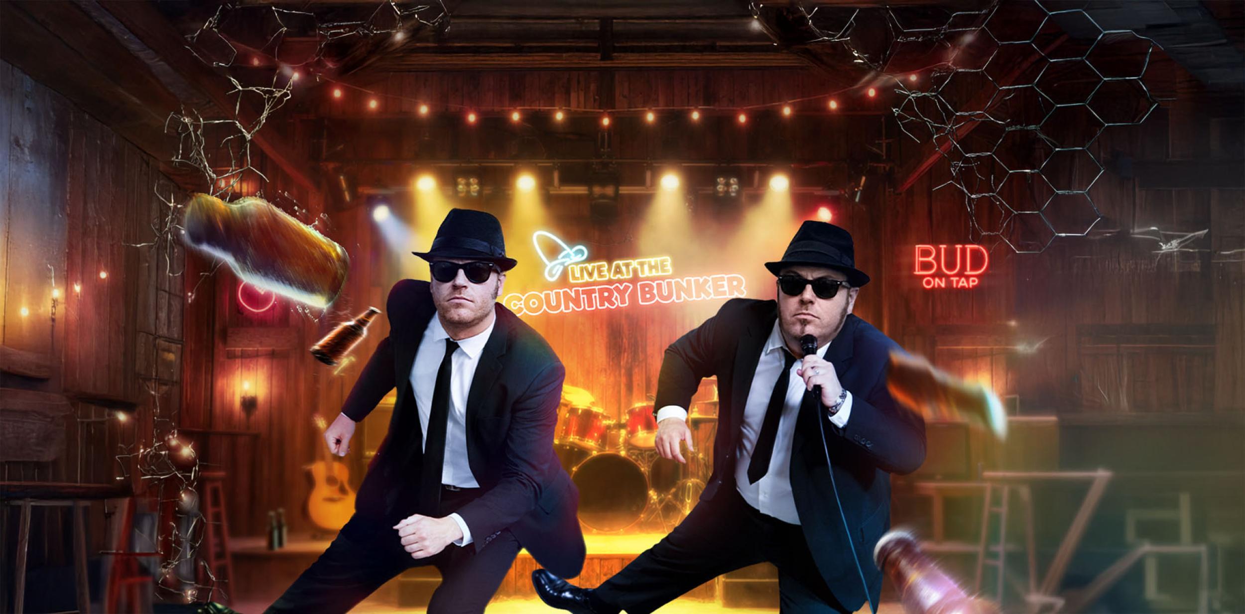 Men in suits running in a bar.