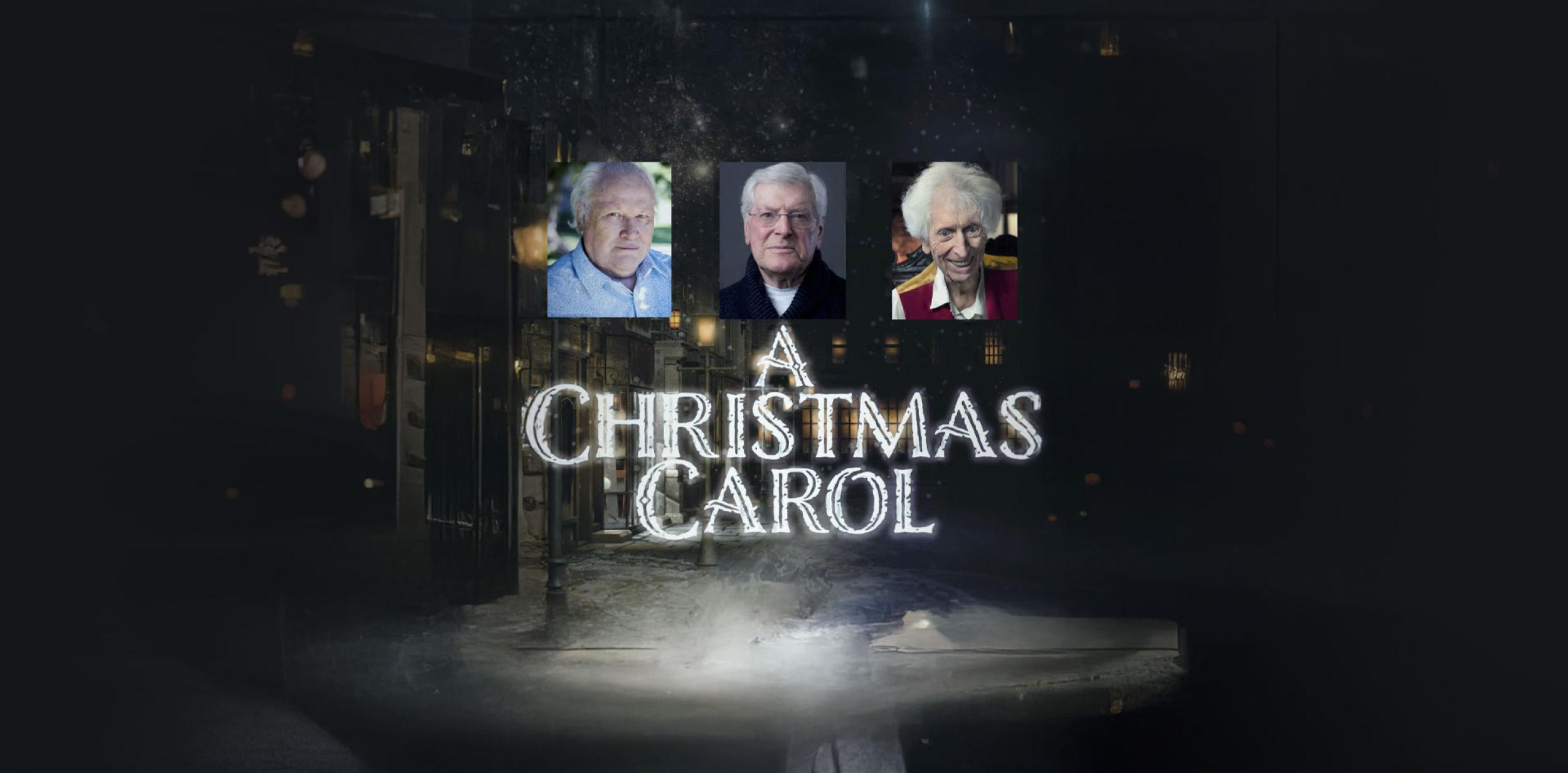 A Christmas Carol logo with a snowy victorian street background