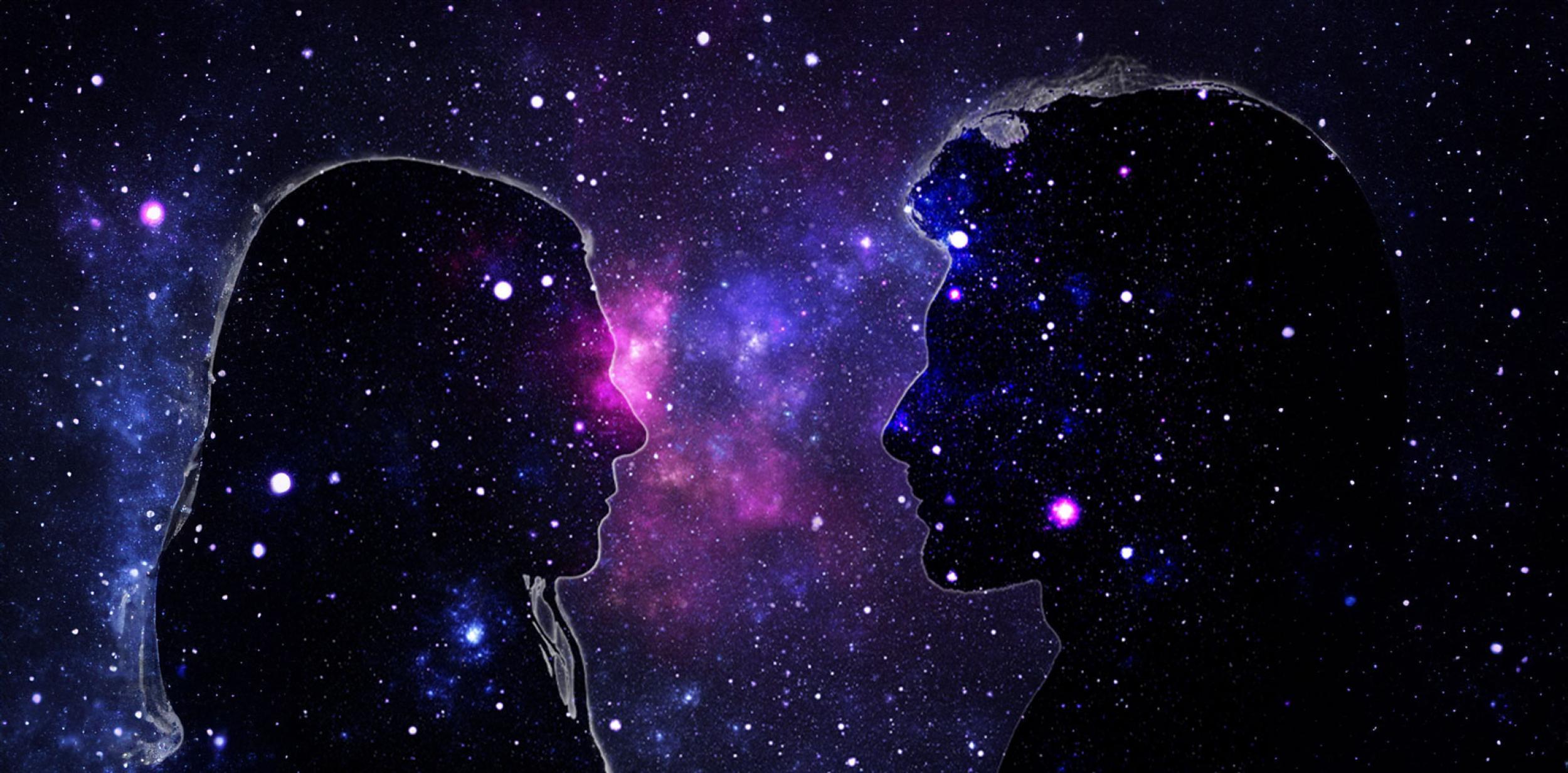 Two silhouettes of people facing each other, on a nebula background