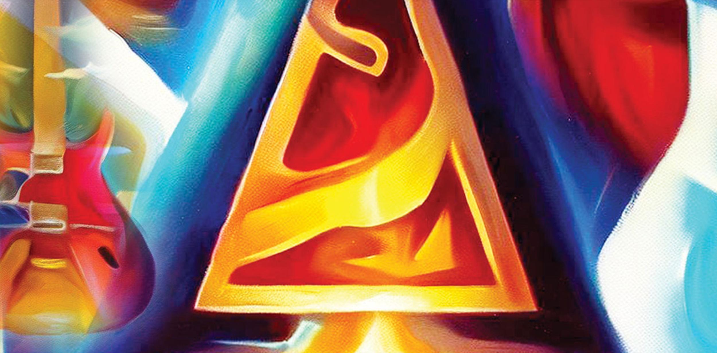 Abstract artwork of a triangle and musical instruments
