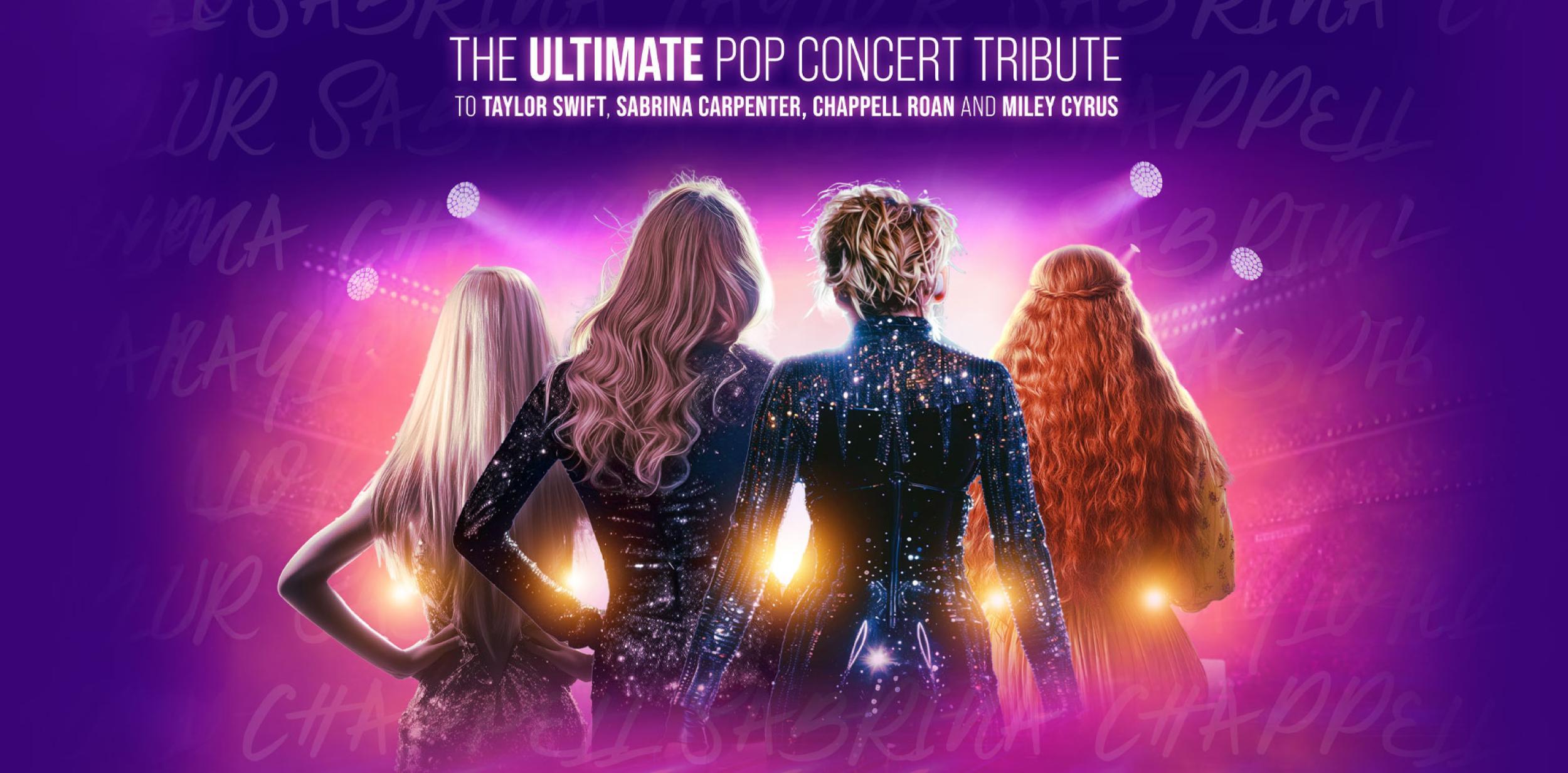 The backs of pop stars, looking out towards a large stadium