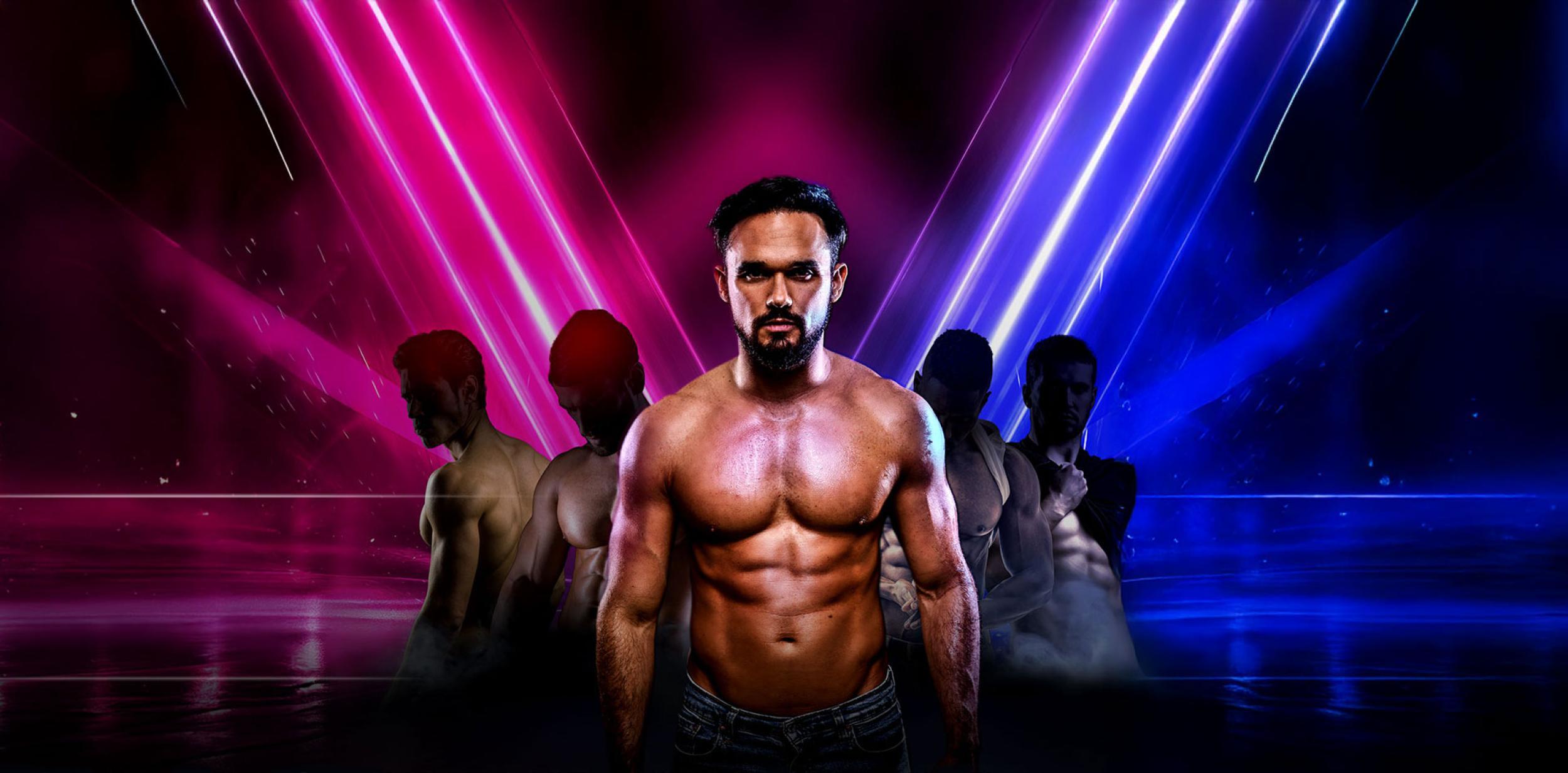Gareth Gates and a boyband surrounded by neon lights