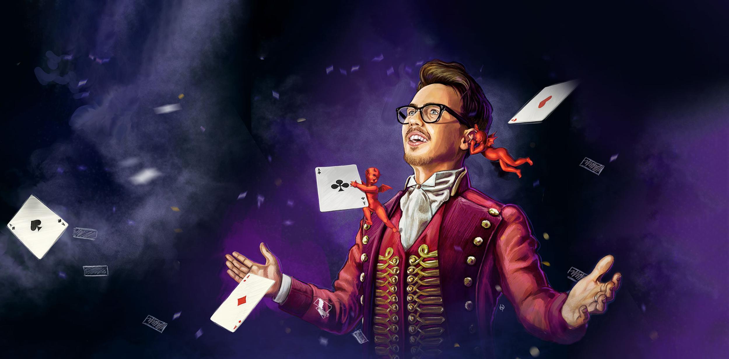 Illustration of magician with flying playing cards