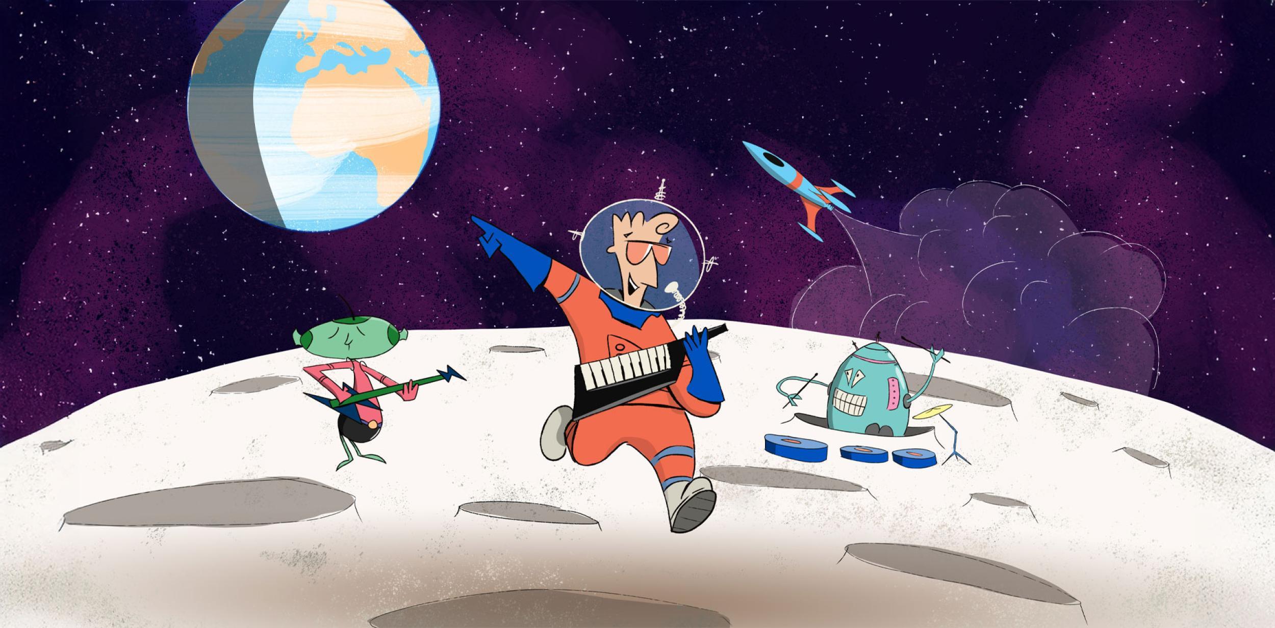A cartoon illustration of an astronaut, an alien and a robot playing music on the moon