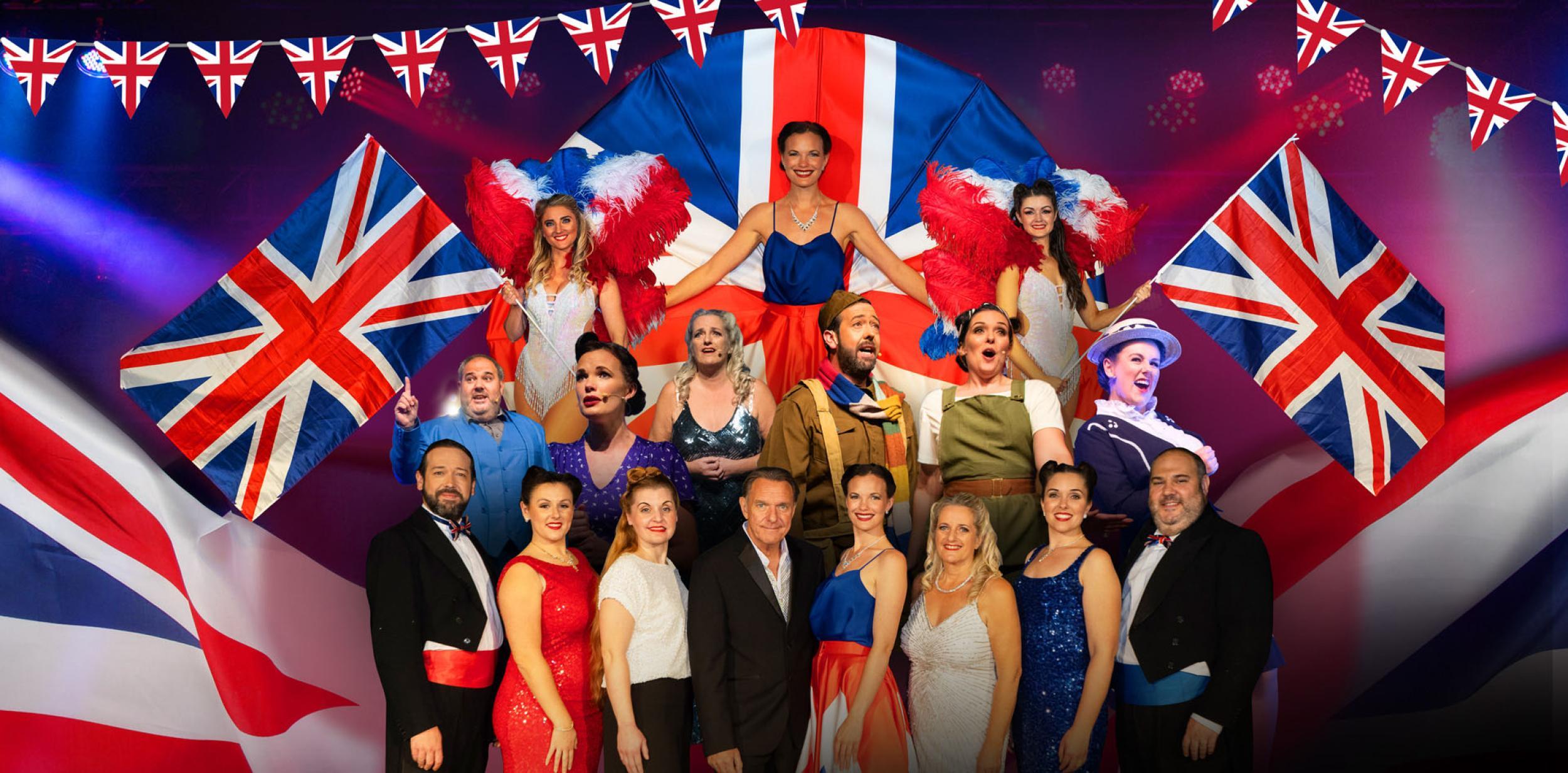 singers in front of a Union Jack