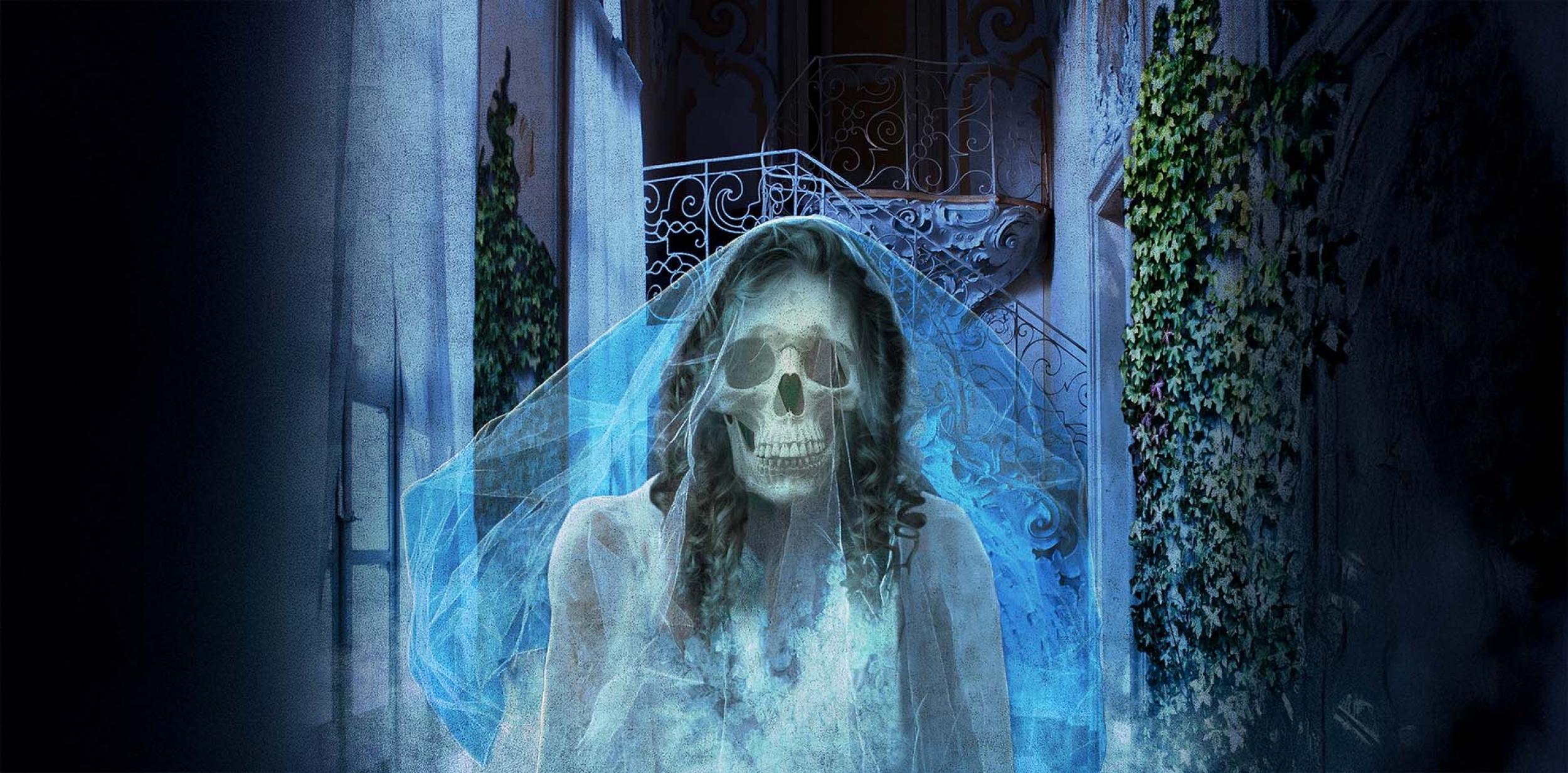 A ghostly bride in a wedding dress with a skull for a face.
