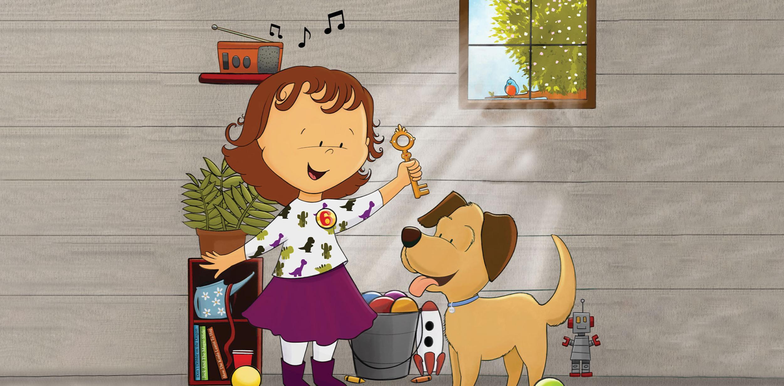 Illustration of a young girl and a dog