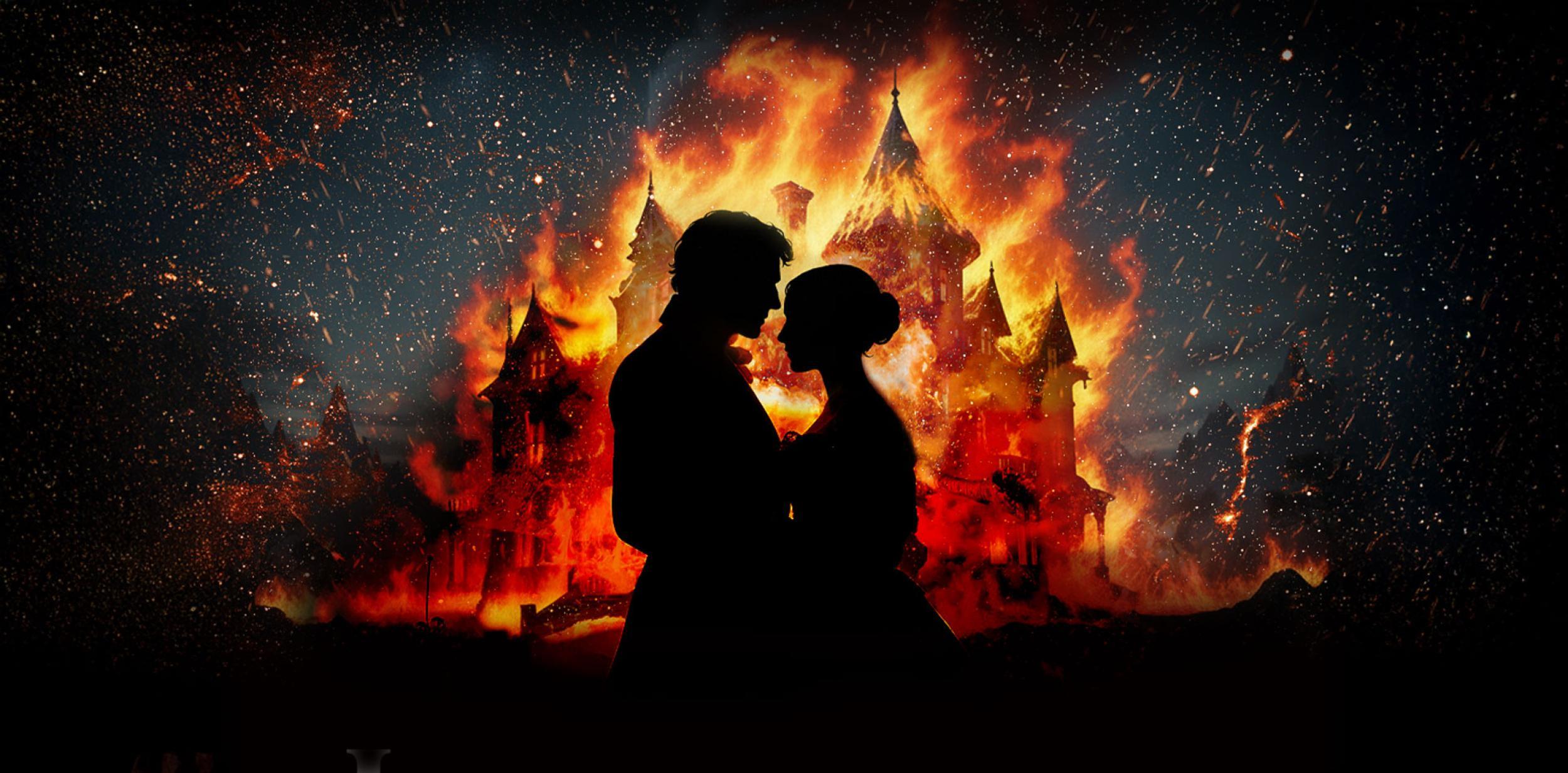 A silhouette of two people standing in front of a burning house