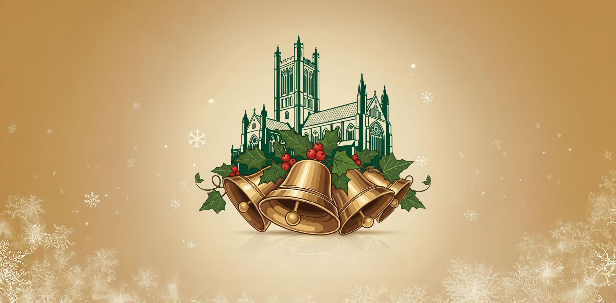 An illustration of Christmas bells in front of a cathedral