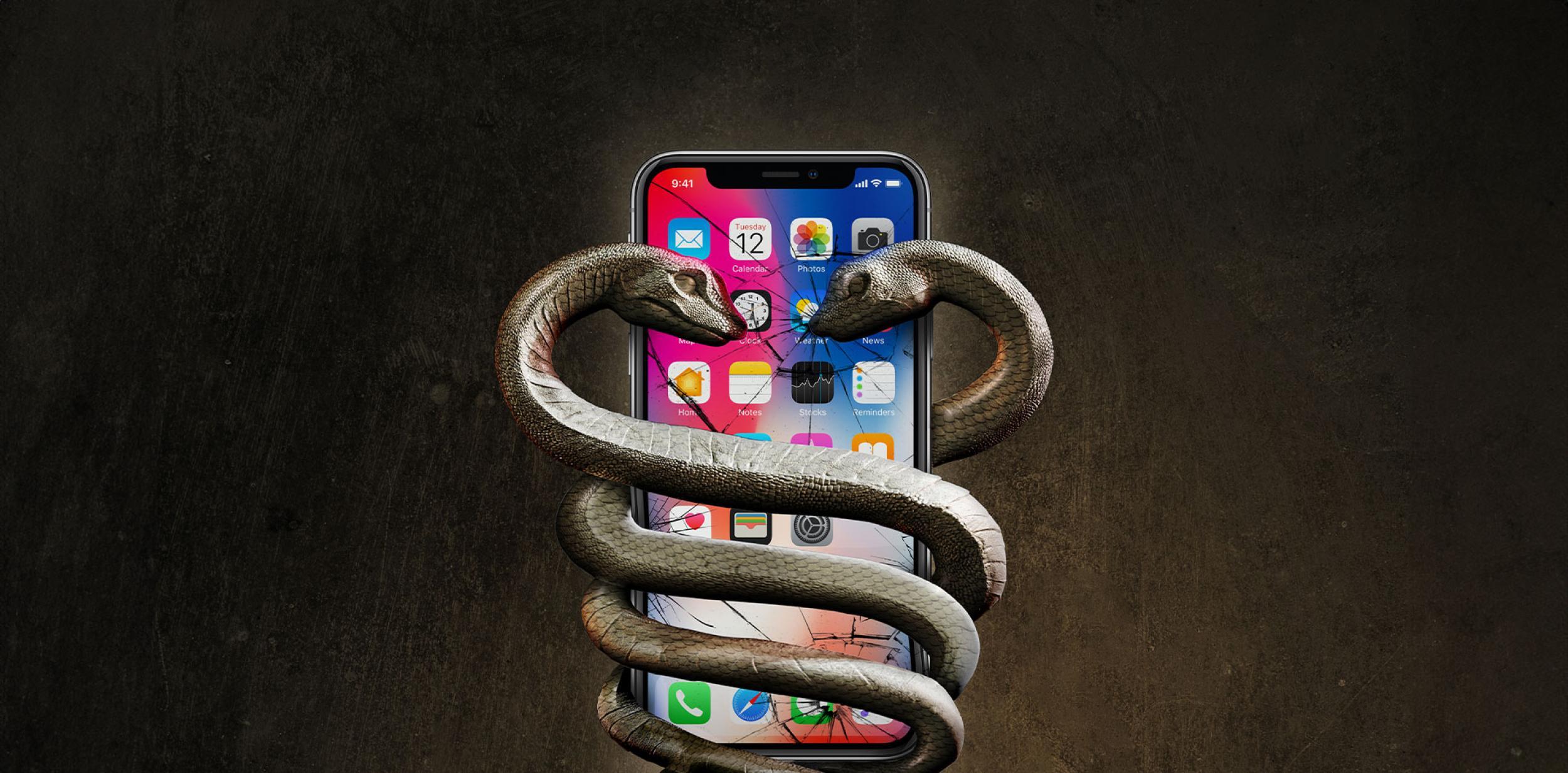 Two serpents wrapped around a mobile phone