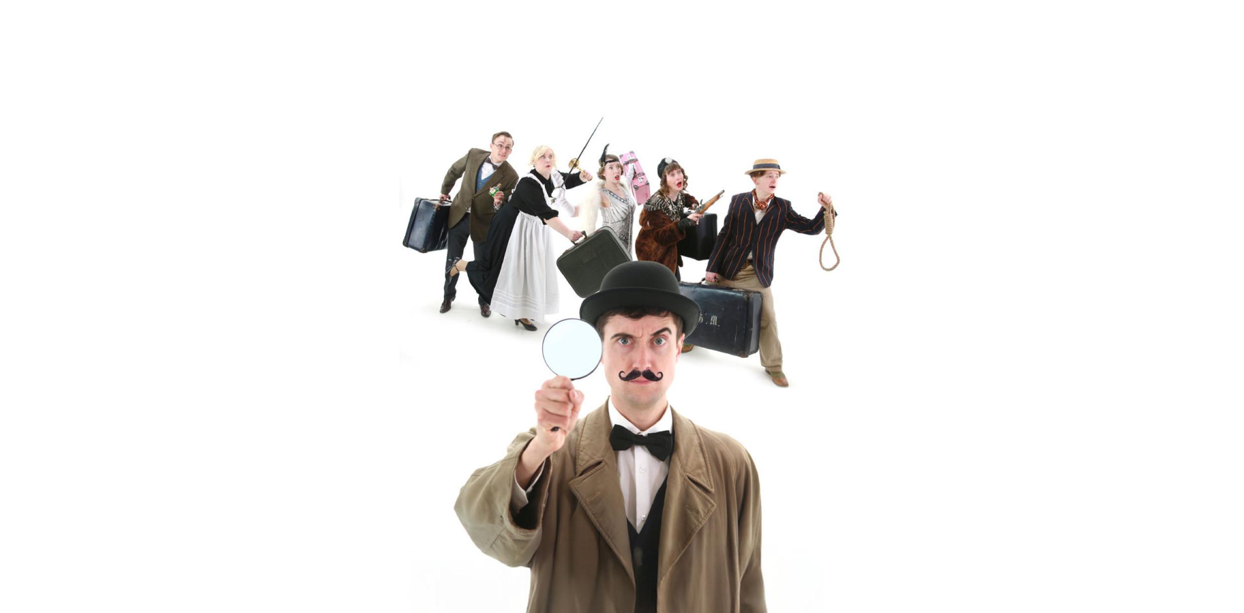 A detective holding up a magnifying glass, with a group of characters behind them