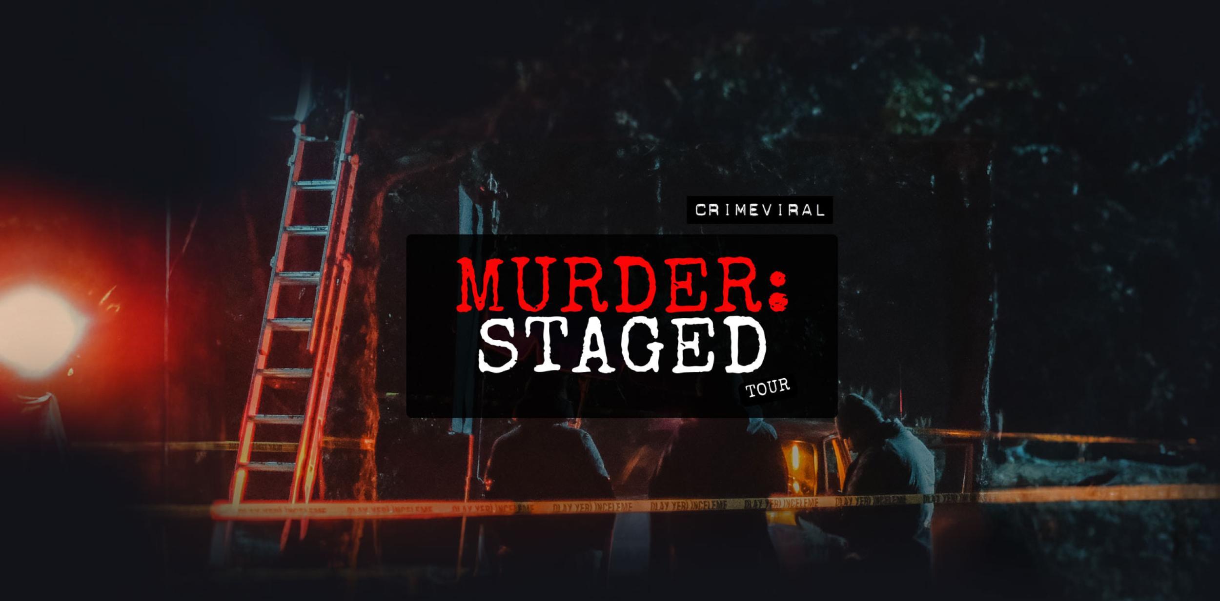 Murder Staged logo with a forensic crime scene background