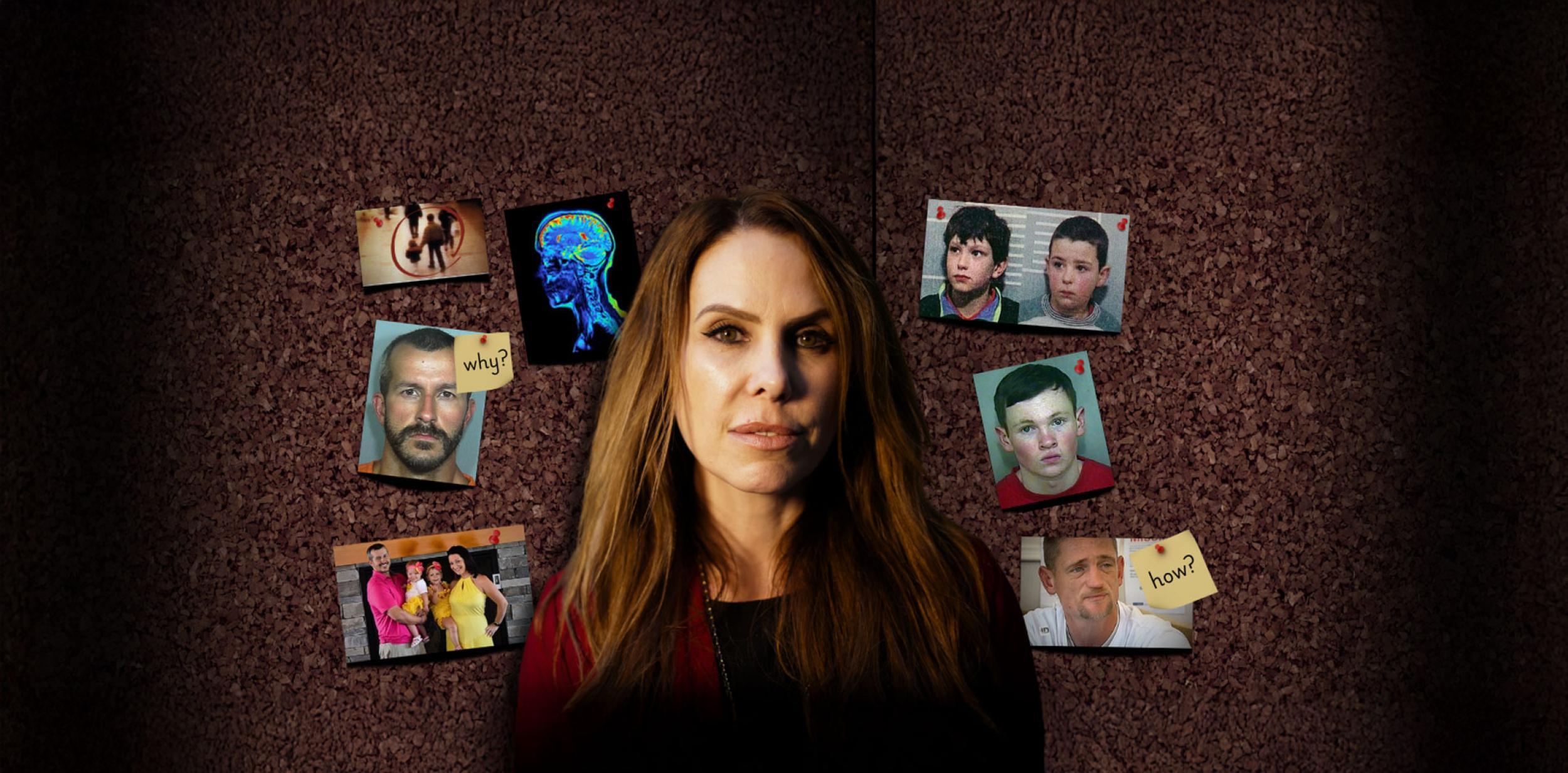 Emma Kenny in front of a pinboard covered in photographs