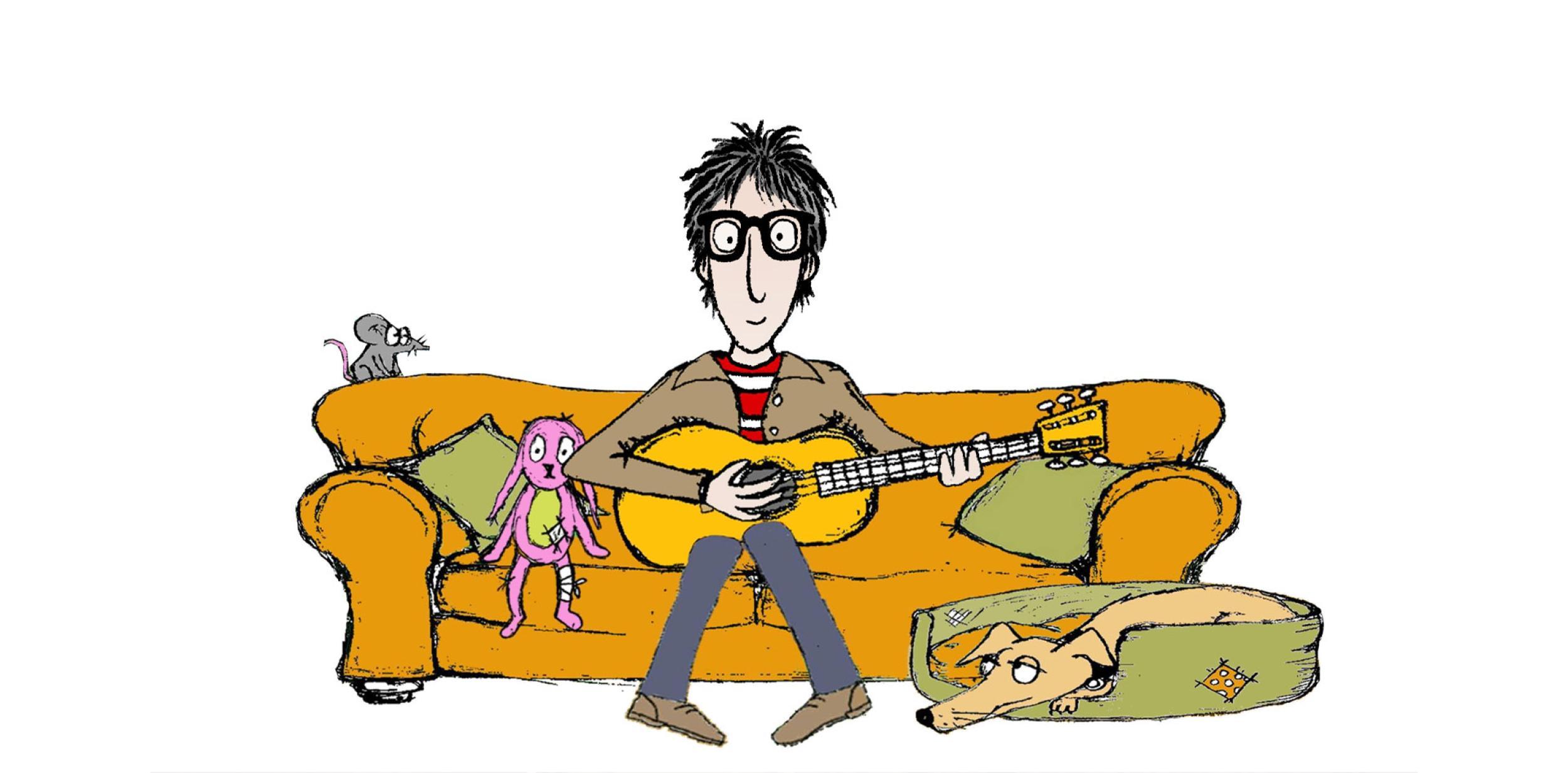 An illustration of Nick Cope sitting on a sofa and playing a guitar