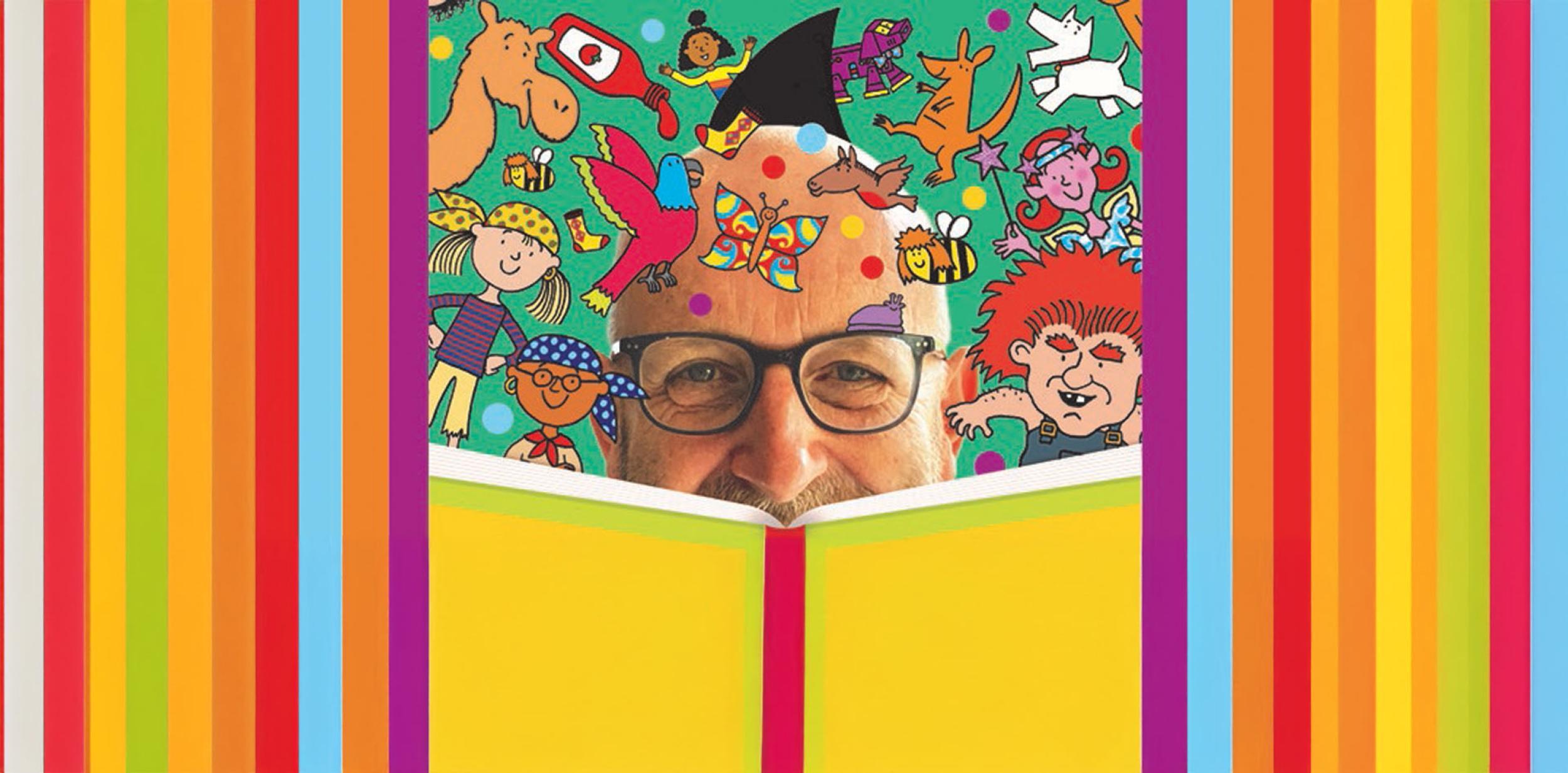 Nick peeping over a yellow book surrounded by his illustrations and stripey rainbow colours.
