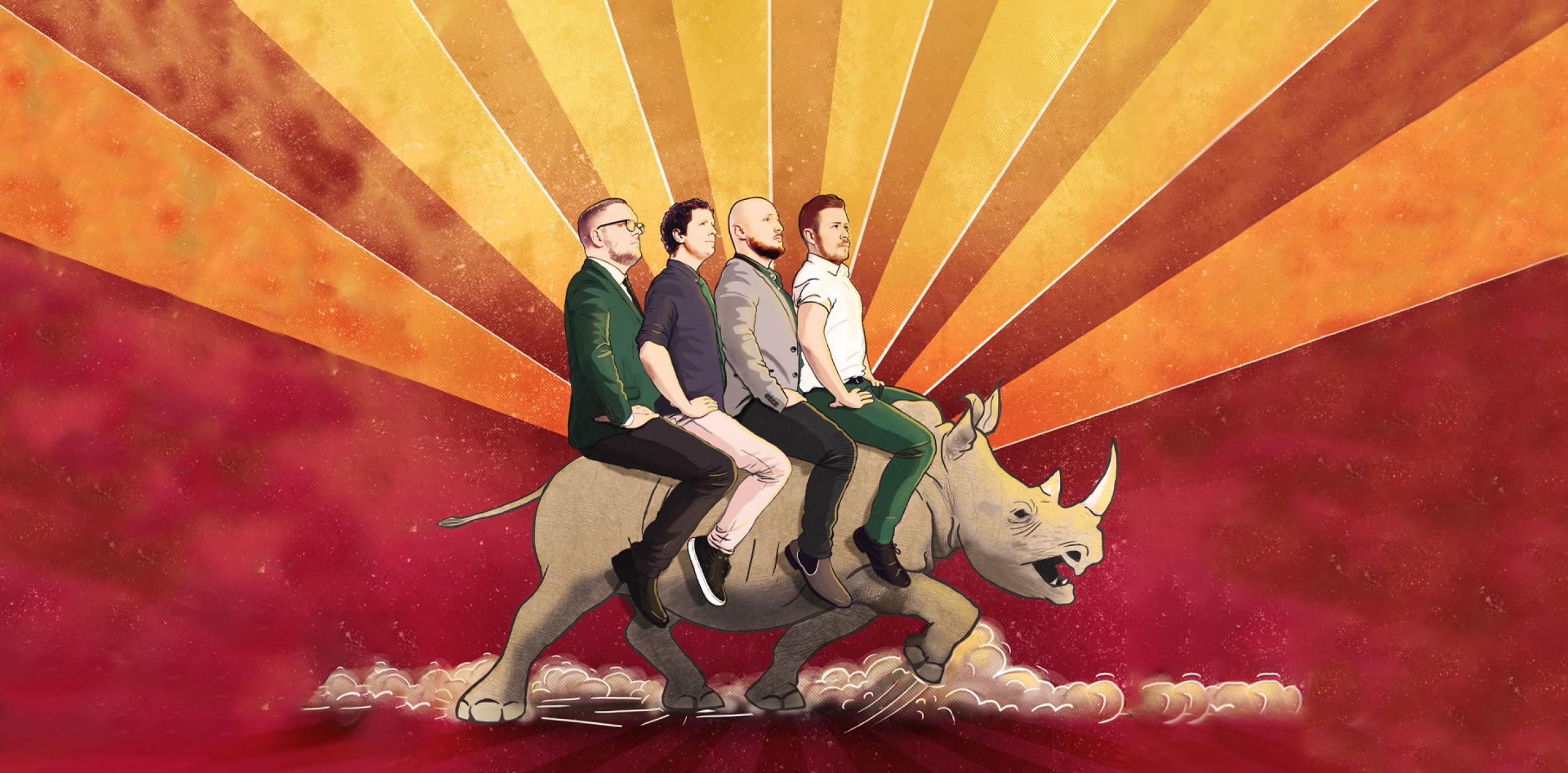 Illustration of four people riding a rhino