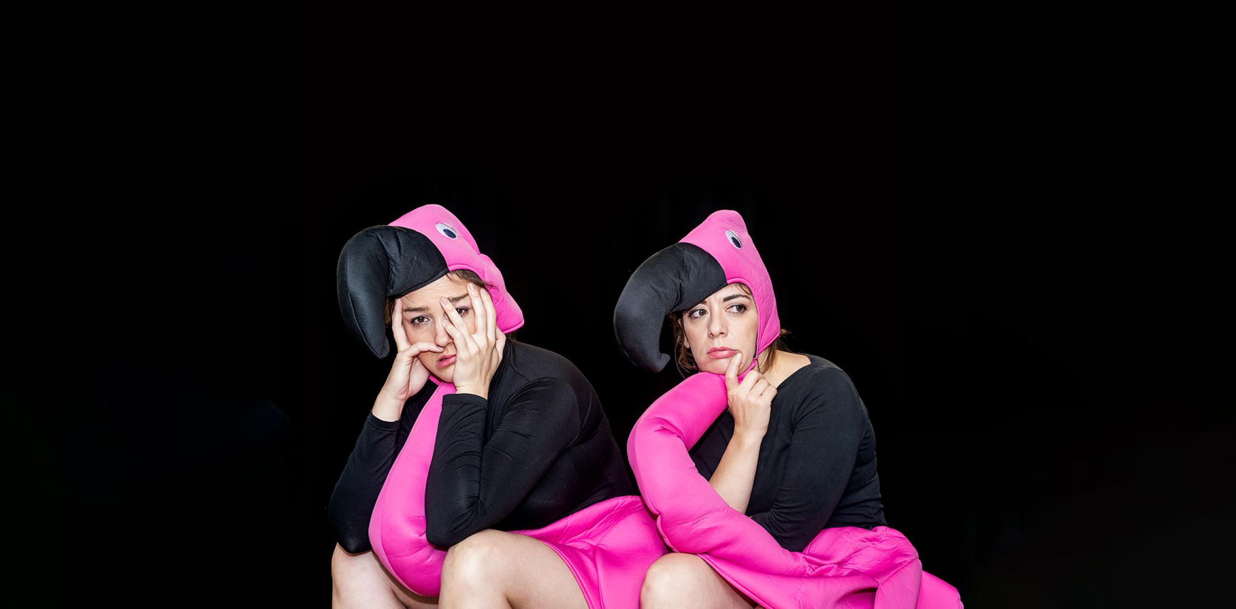 Two people dressed as pink flamingos