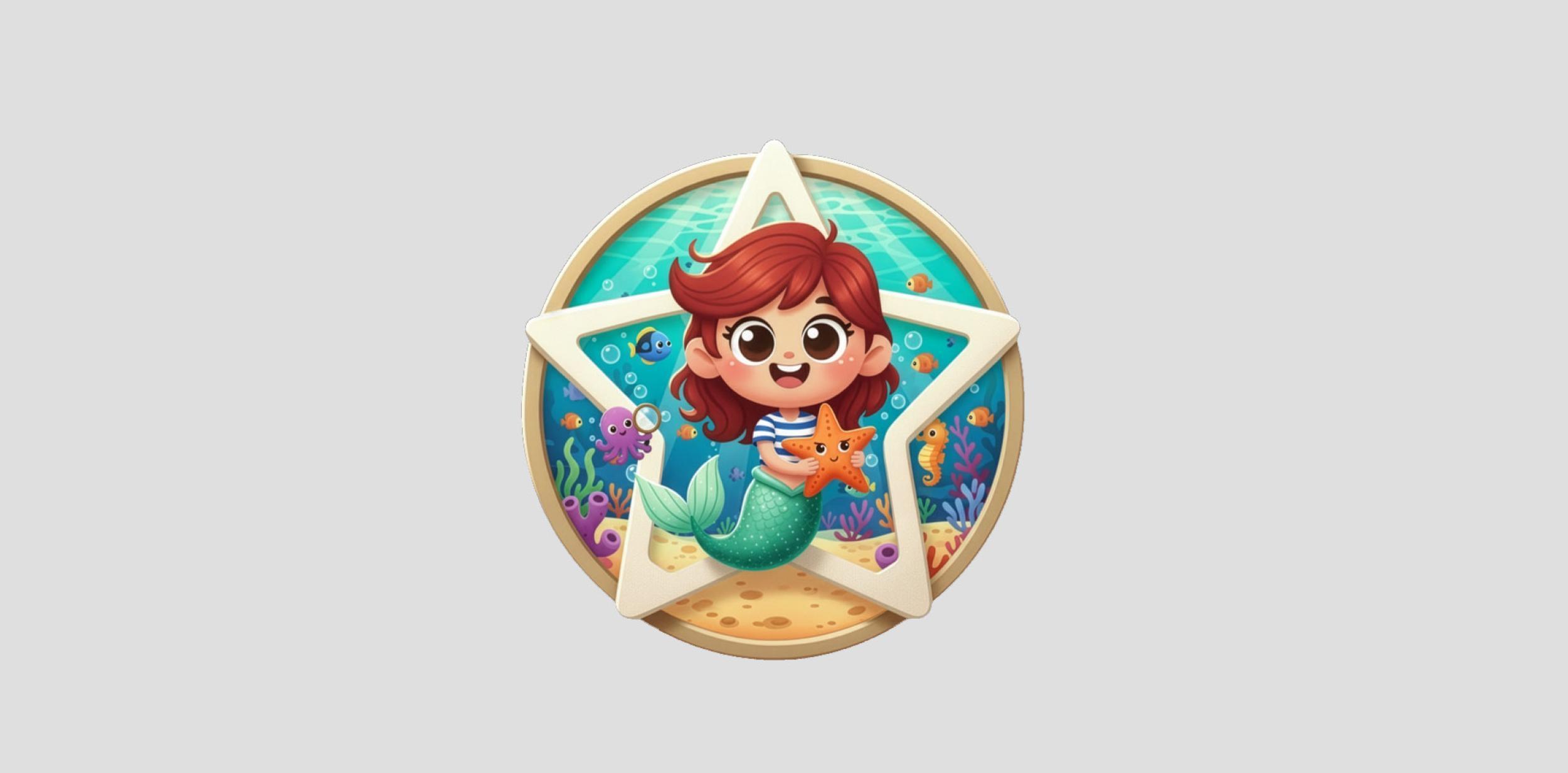 A cartoon illustration of a mermaid underwater, holding a starfish
