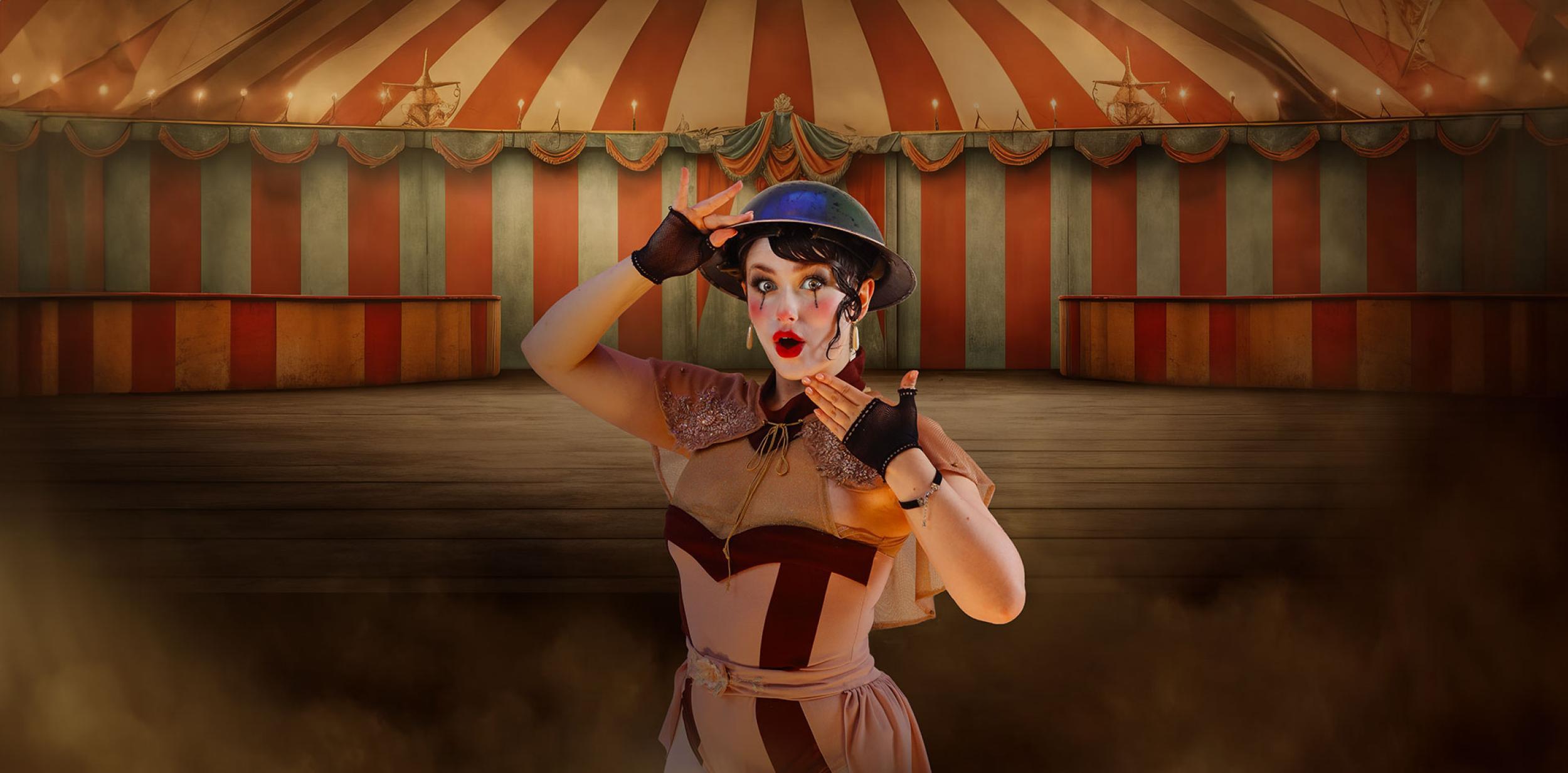 A circus performer wearing a first world war helmet