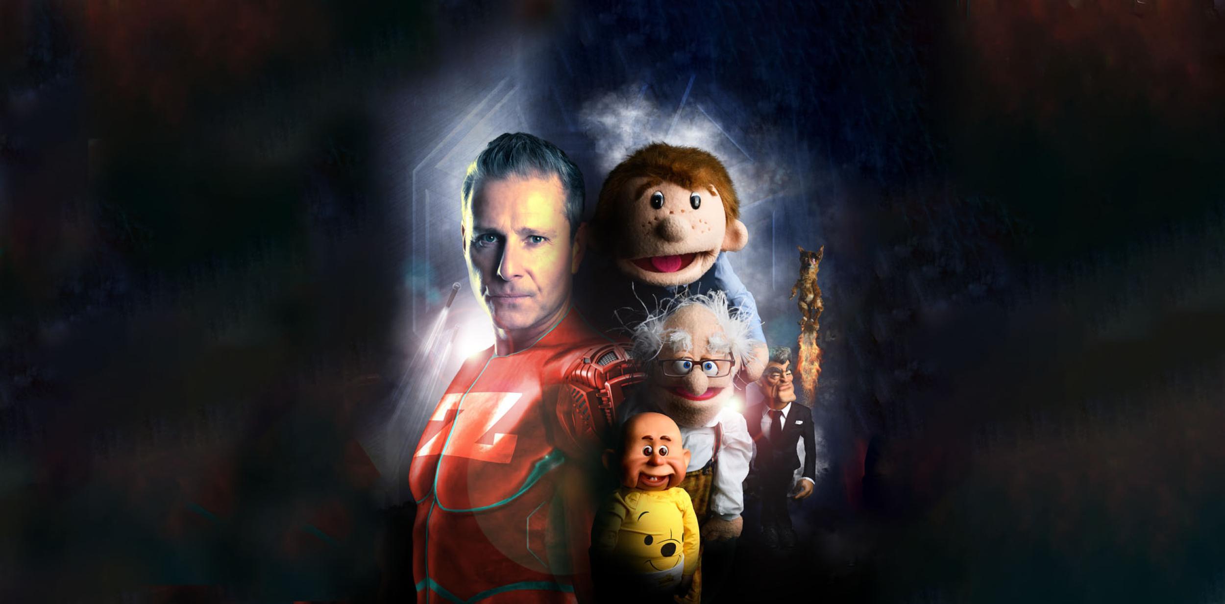 Paul Zerdin dressed as in a red superhero costume with a number of his puppets