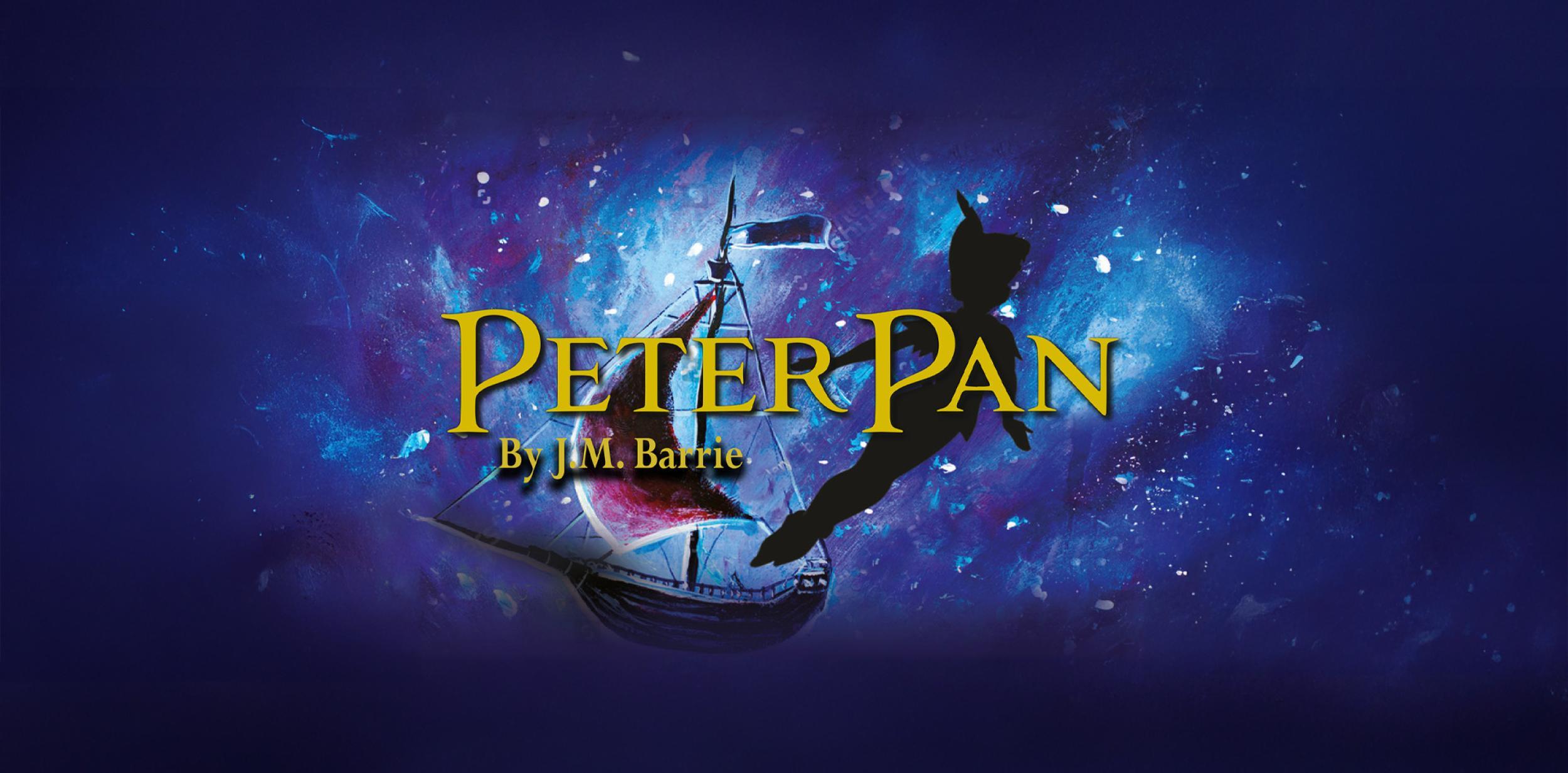 Peter Pan text with the shadow of Peter Pan over a blue sea-like background