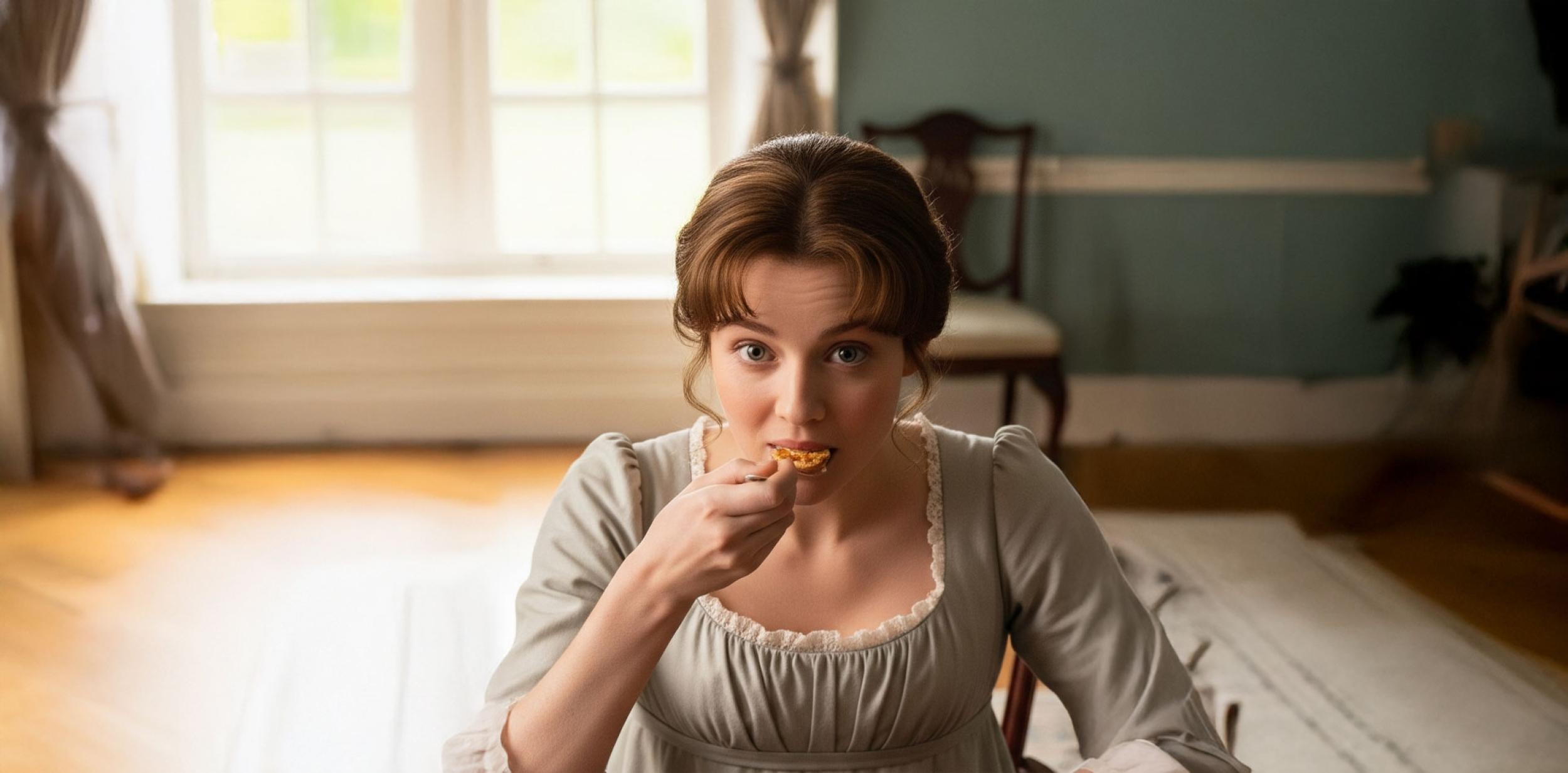 A lady in period costume eating a pie with a spoon
