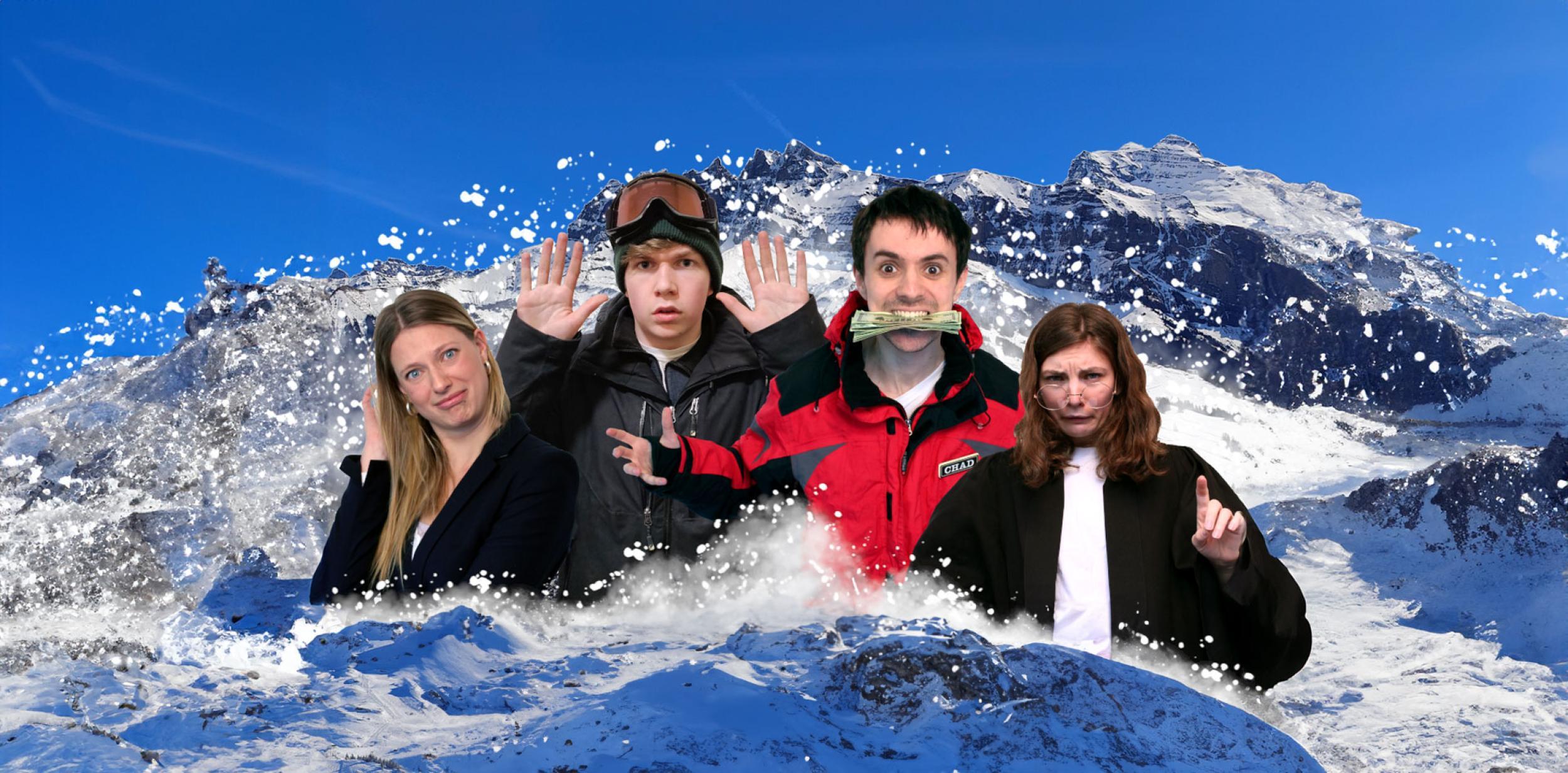 Four young people infront of a snow mountain backdrop