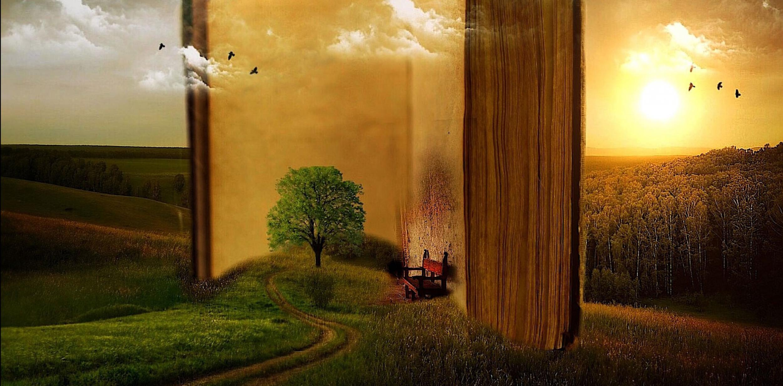 Surreal image of a giant open book in a green field.