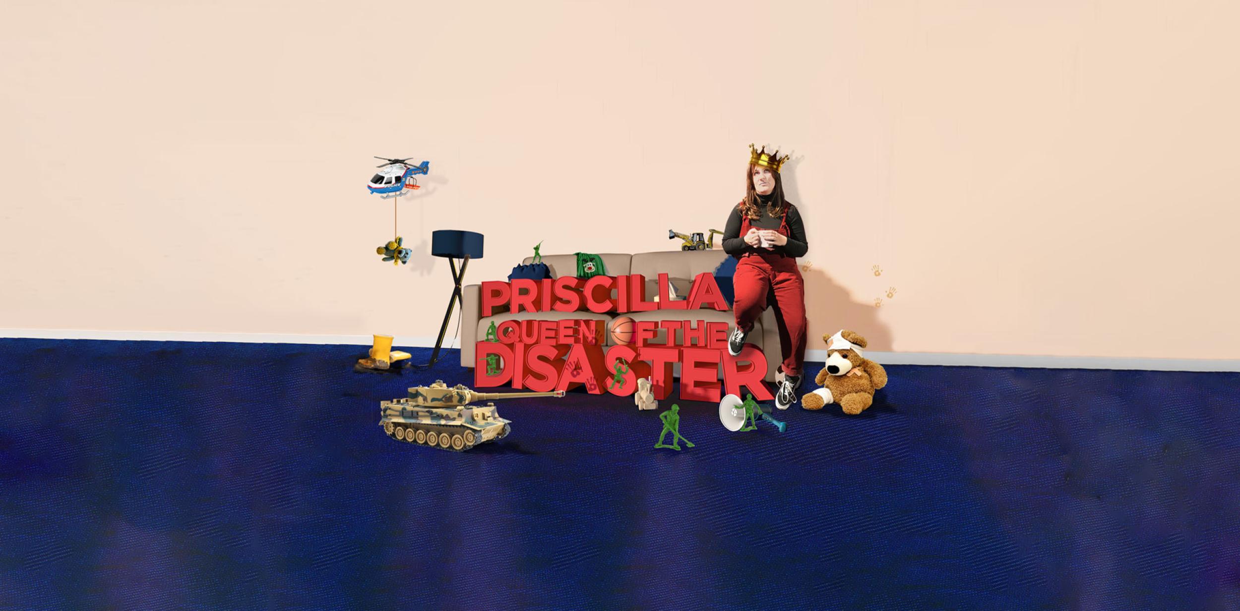 Priscilla Queen of the Disaster. A woman sitting on the arm of a sofa, surrounded by children's toys