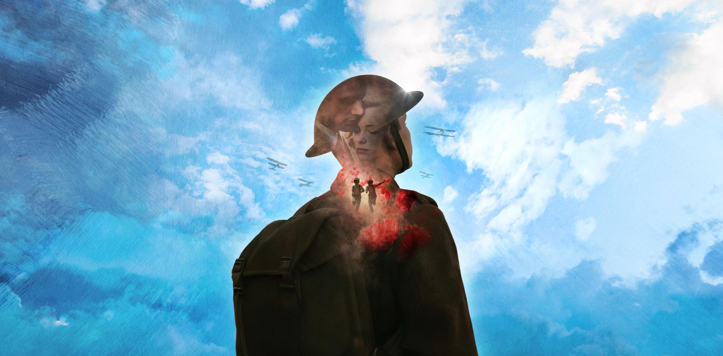 A silhouette of a solider over a blue sky background