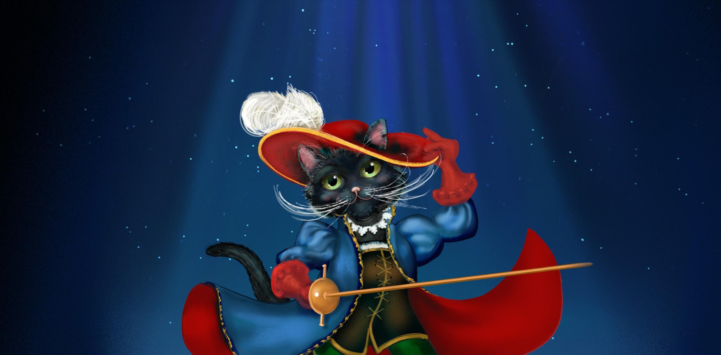 Puss - a cartoon black car wearing a musketeer outfit and holding a sword.