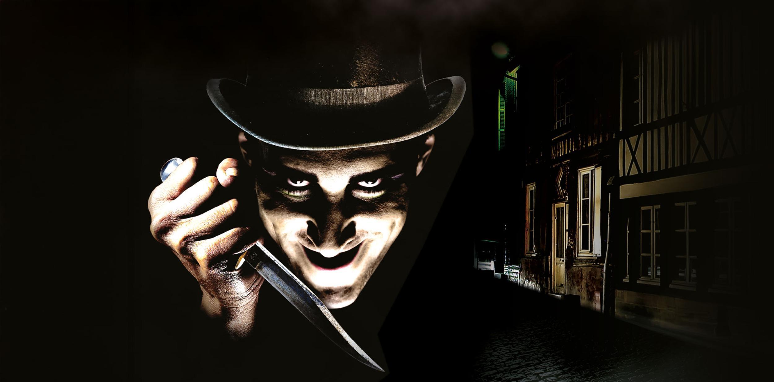 Jack the Ripper - a sinsiter looking person wielding a knife, in front of a Victorian London background
