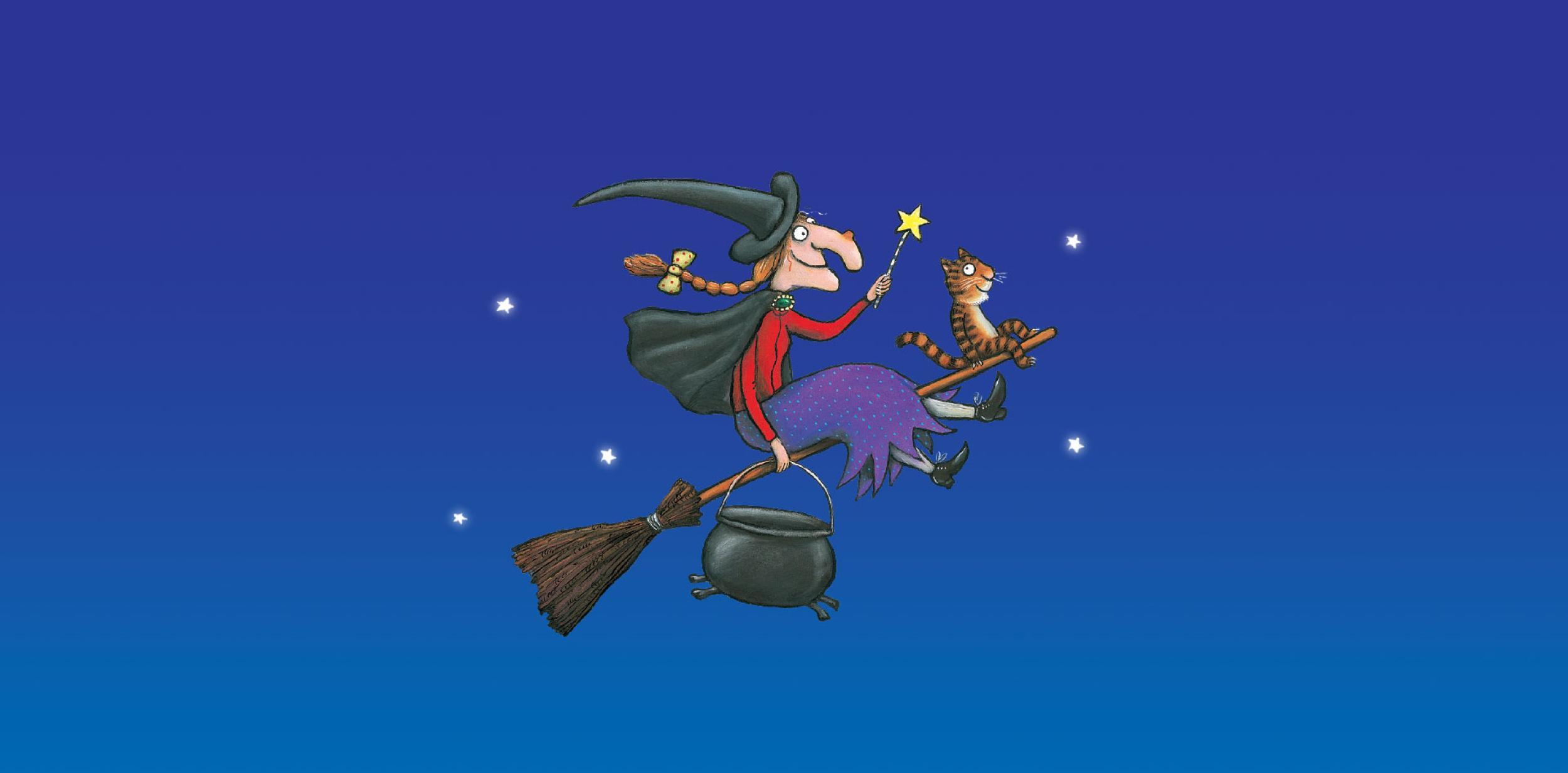 Illustration of a witch and cat flying on a broom-stick