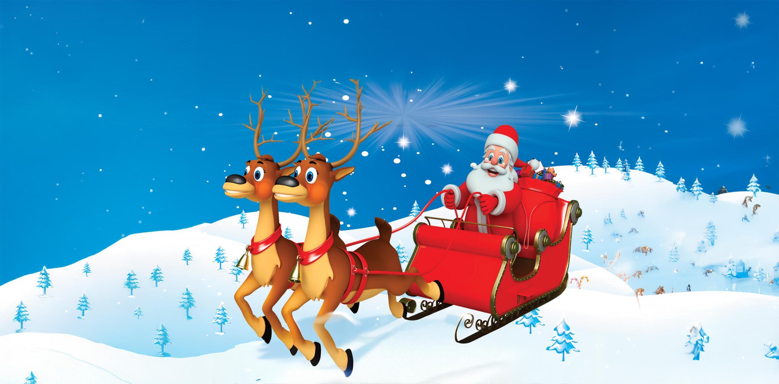 Cartoon Santa in his sleigh being pulled by two reindeer over, flying over snowy hills.