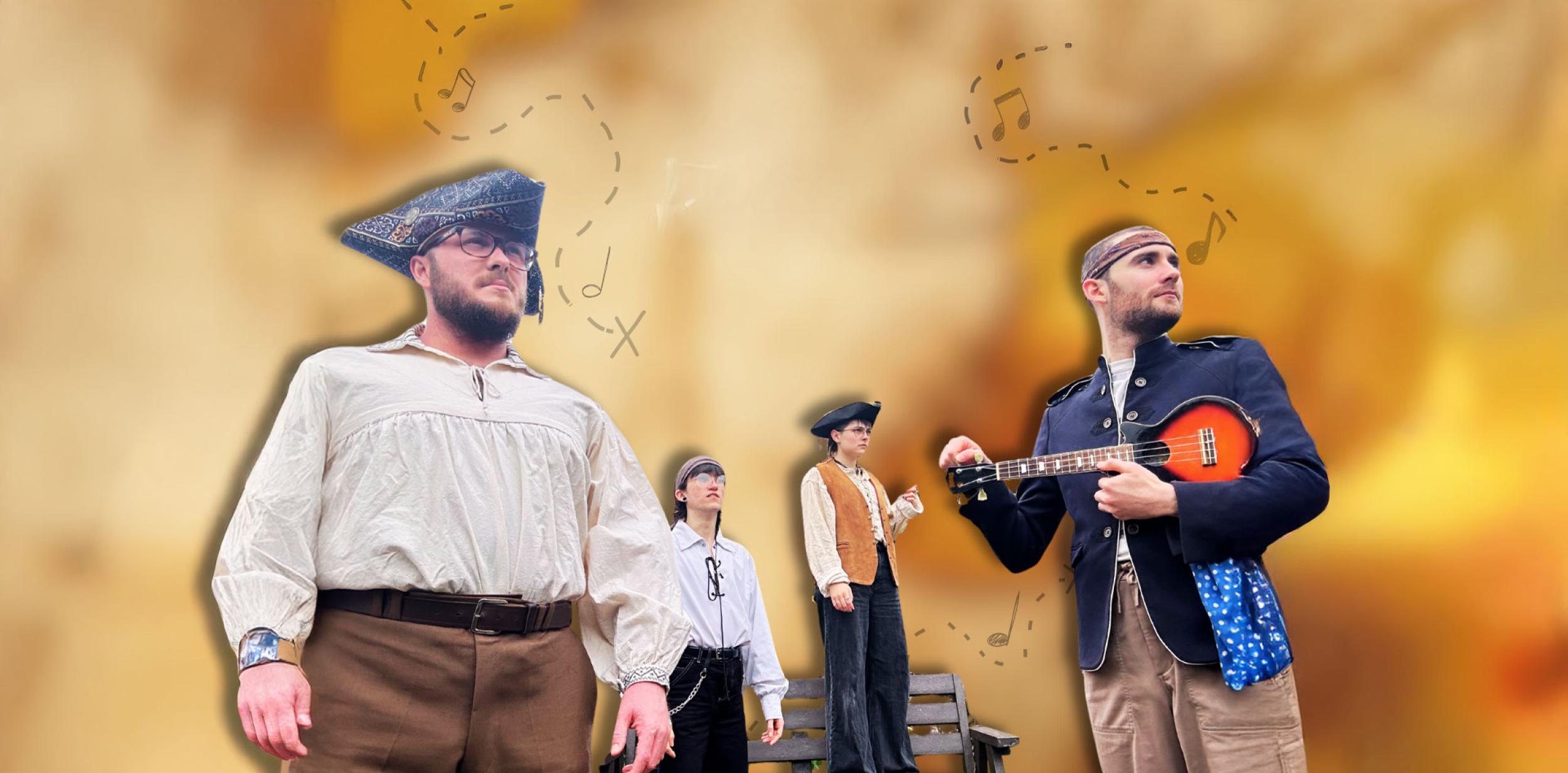 A group of pirates. One of them is holding a mandolin