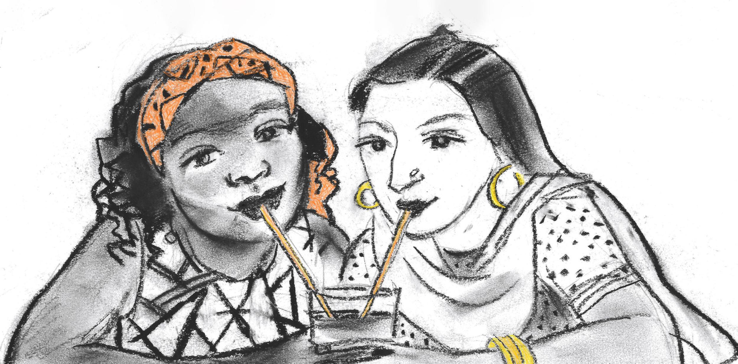 Illustration of two women sharing a drink