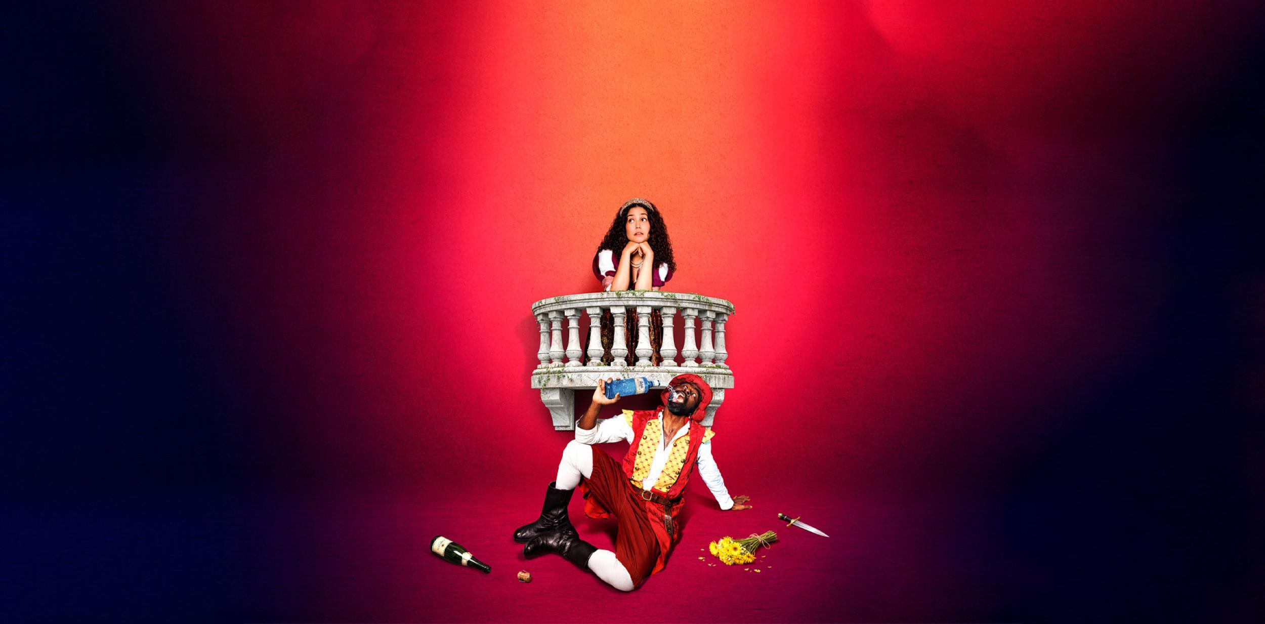 Juliet on a balcony and a drunk Romeo underneath.