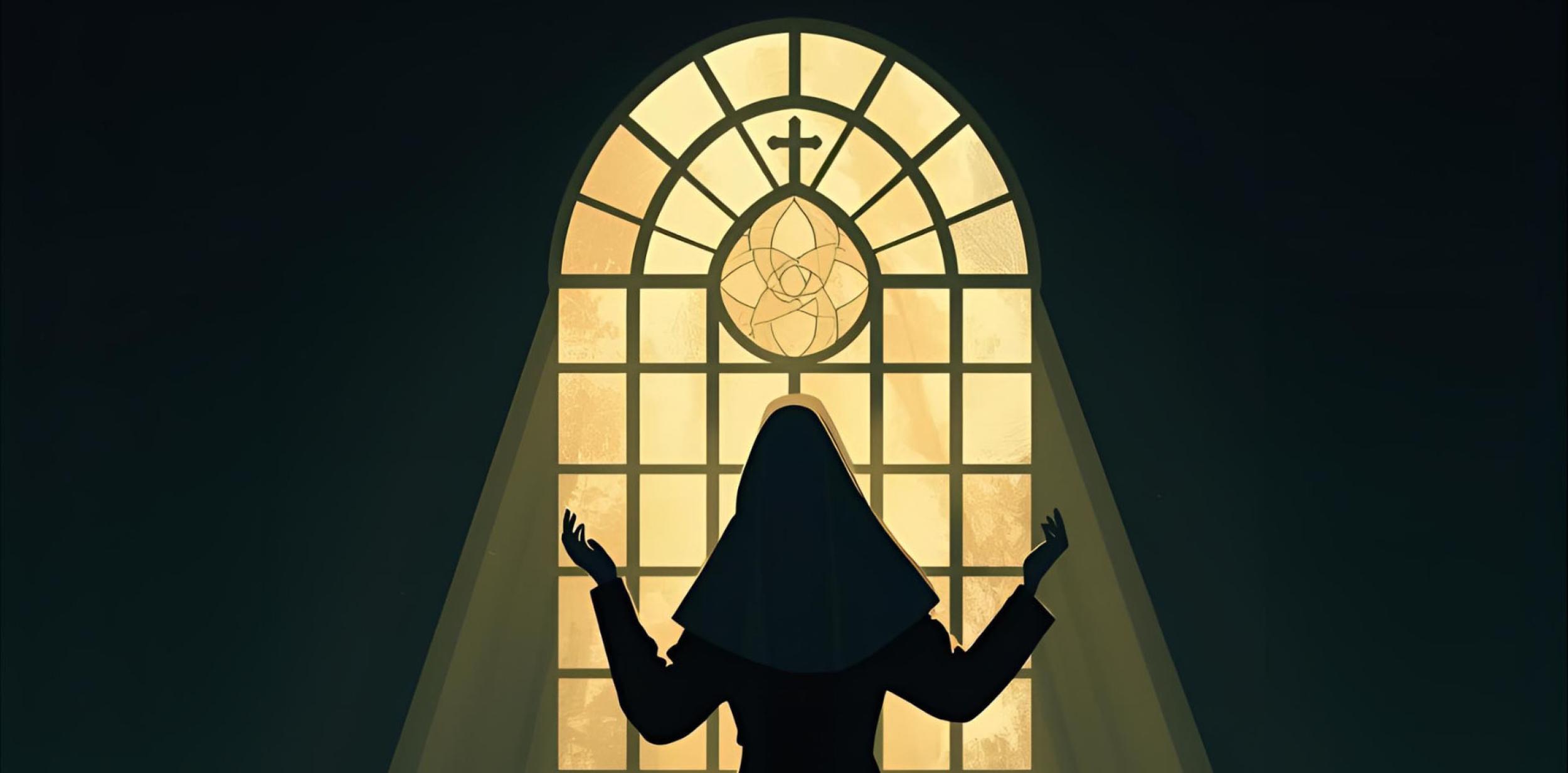 Sister Act artwork - the silhouette of a nun in front of a church window