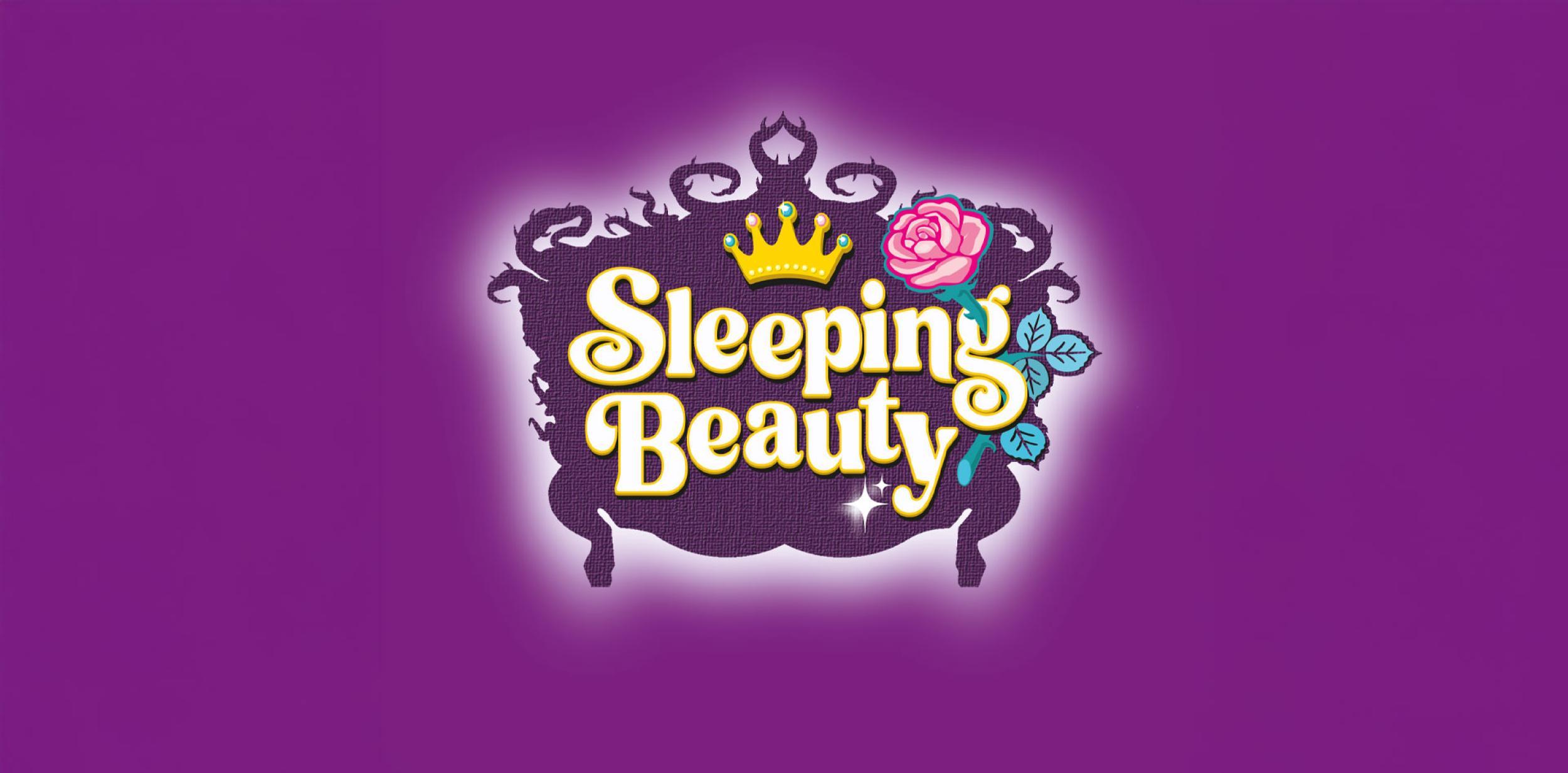 Text that reads "Sleeping Beauty" with an illustration of a crown and a rose.