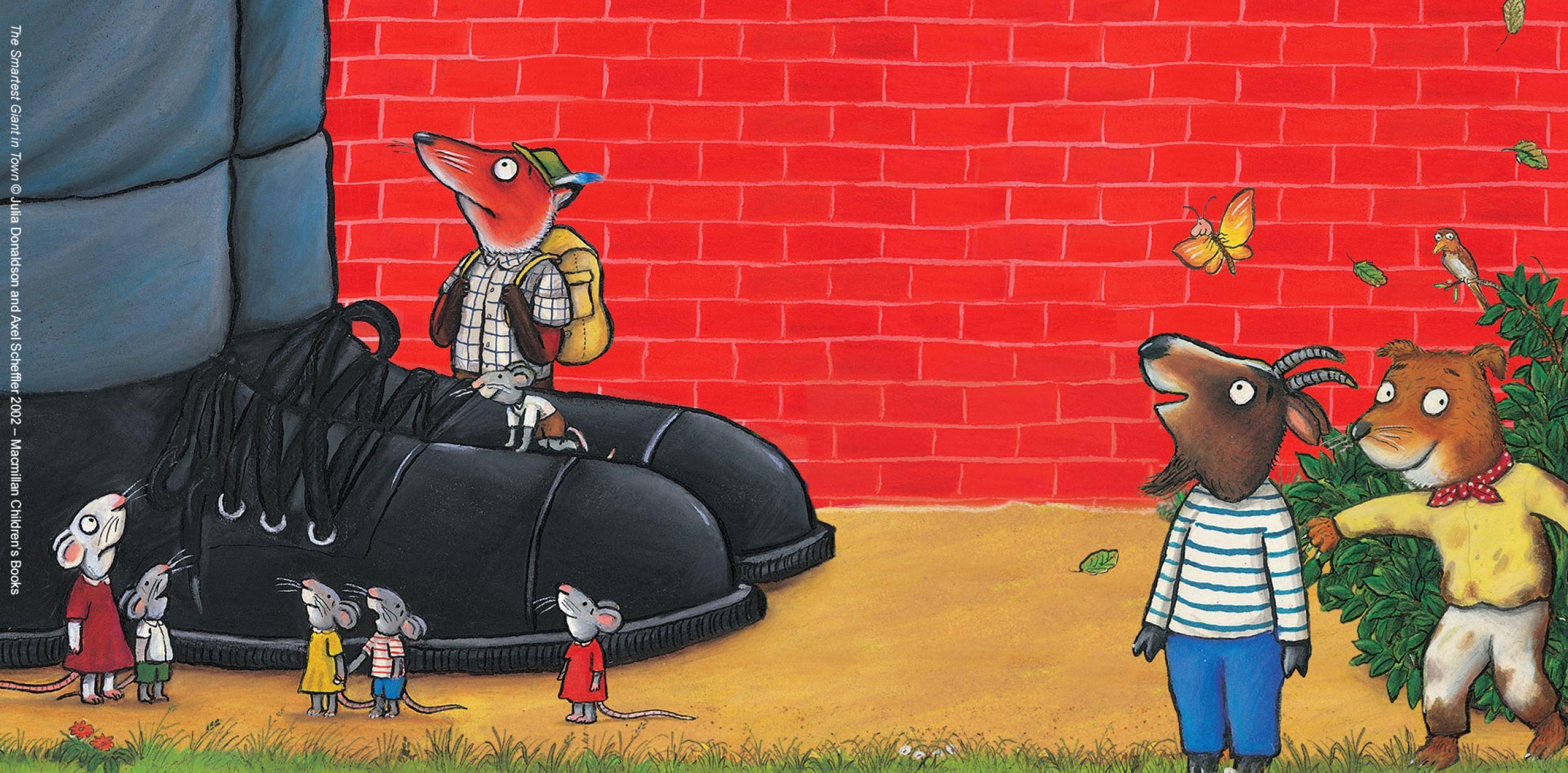 Children's illustration of animals looking up at a giant pair of shoes