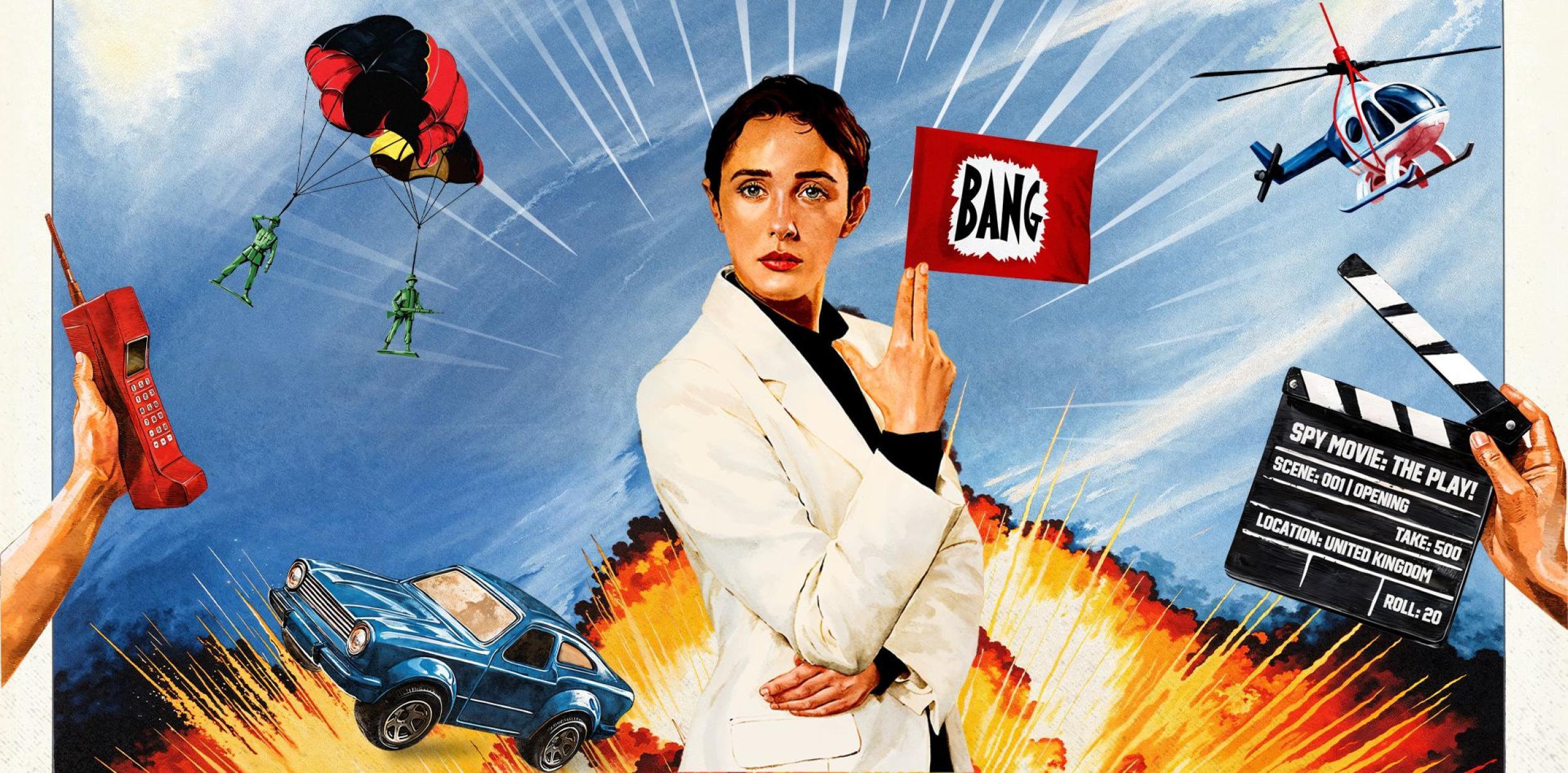 A person wearing a cream suit and making a gun with their fingers with an explosion and heiicopter behind