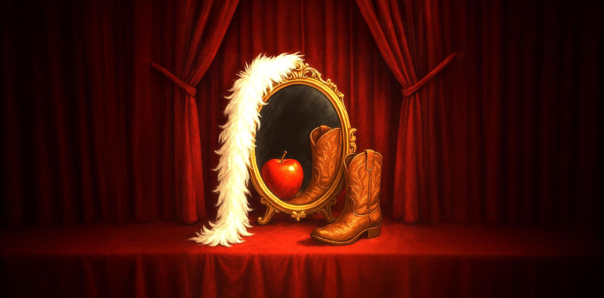 An illustration of a mirror with an apple and a boot in the reflection