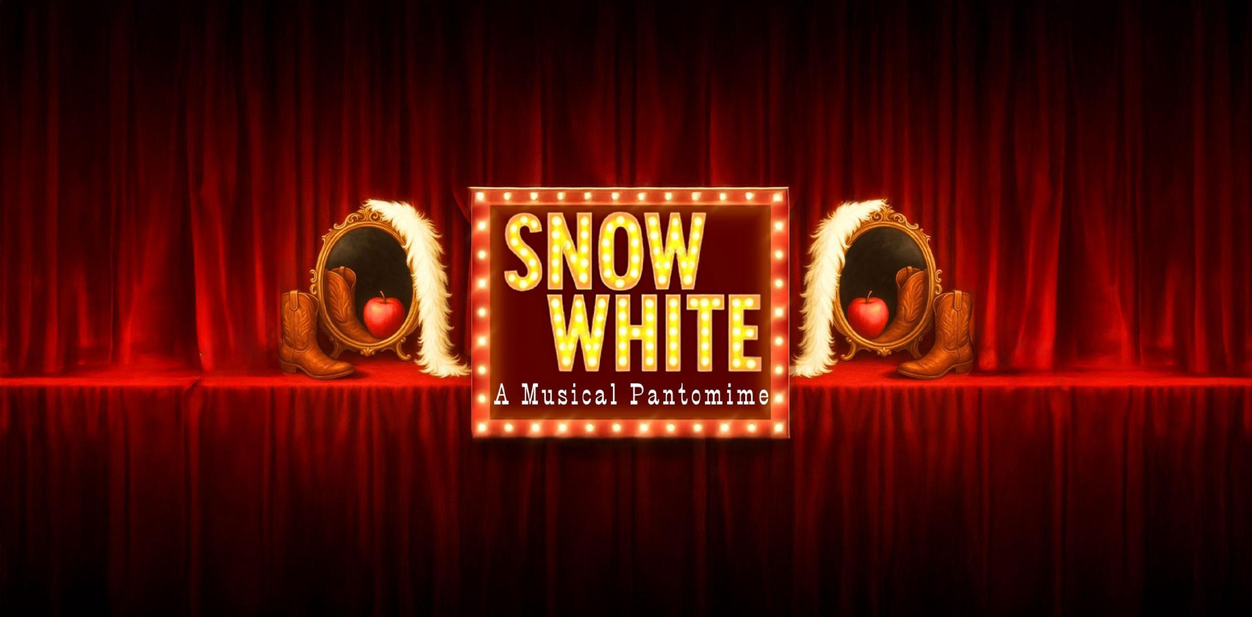 An illustration of a mirror with an apple and a boot in the reflection, and 'snow white' text in lights