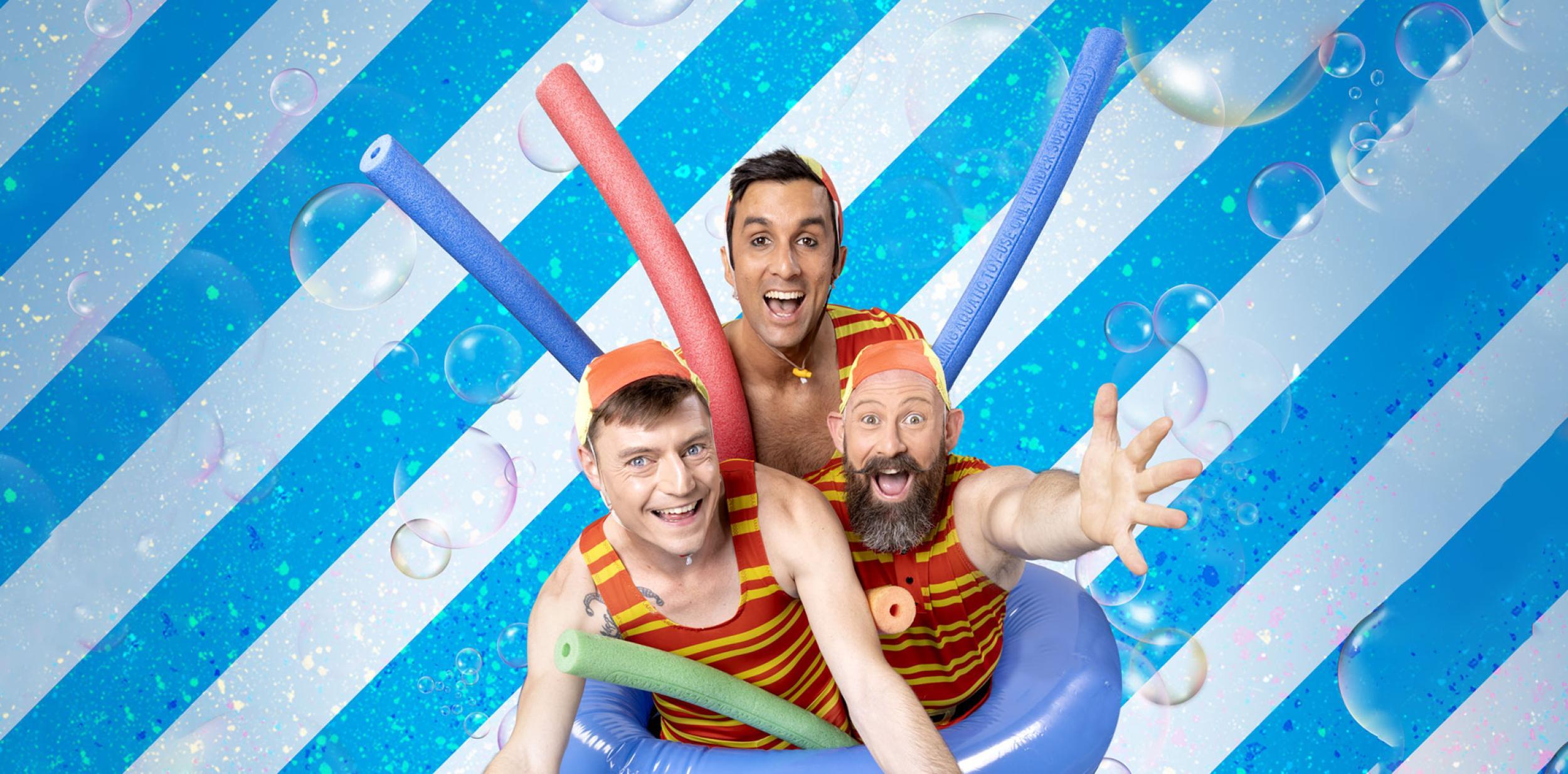 Three men in one-piece swimming costumes